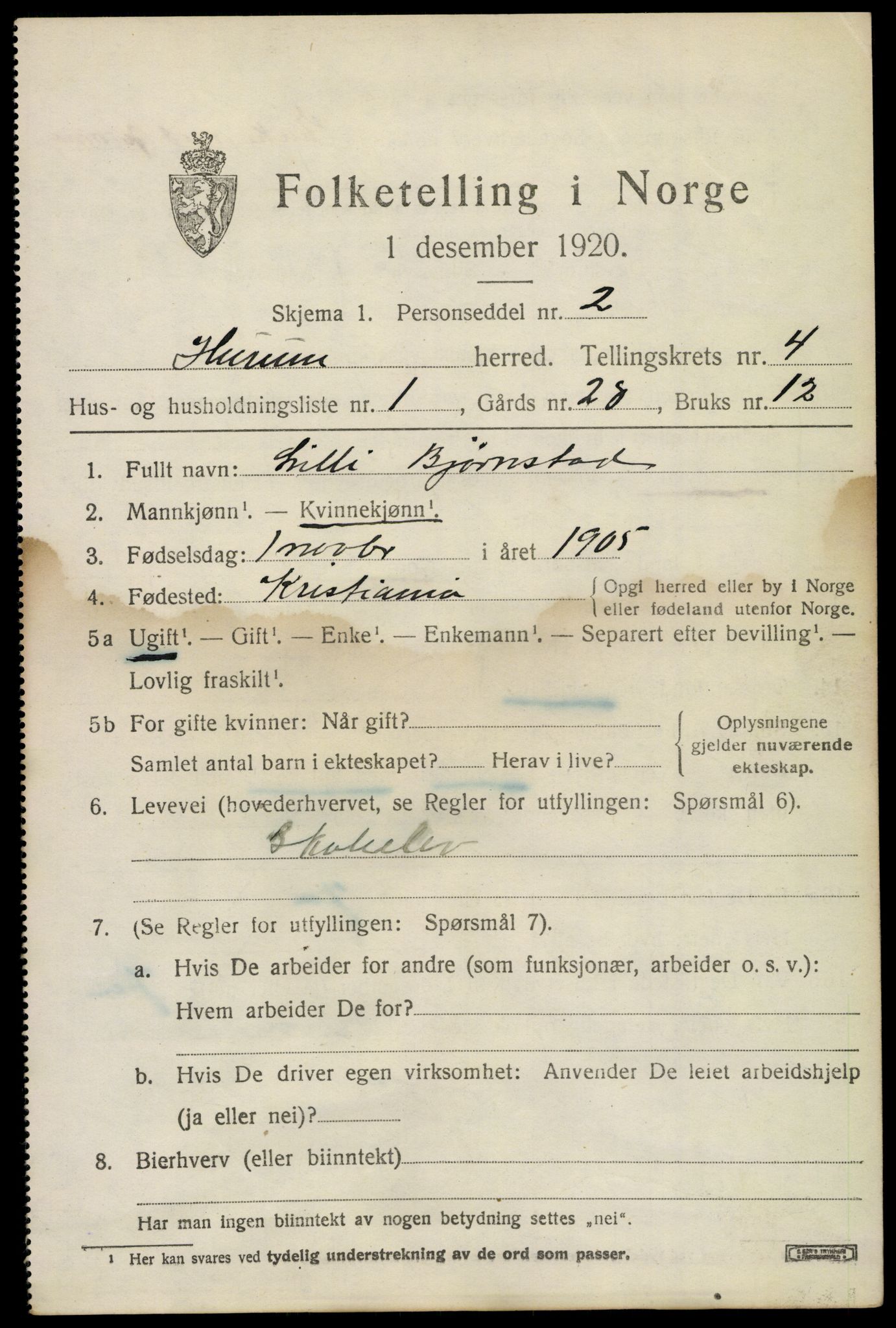 SAKO, 1920 census for Hurum, 1920, p. 5796