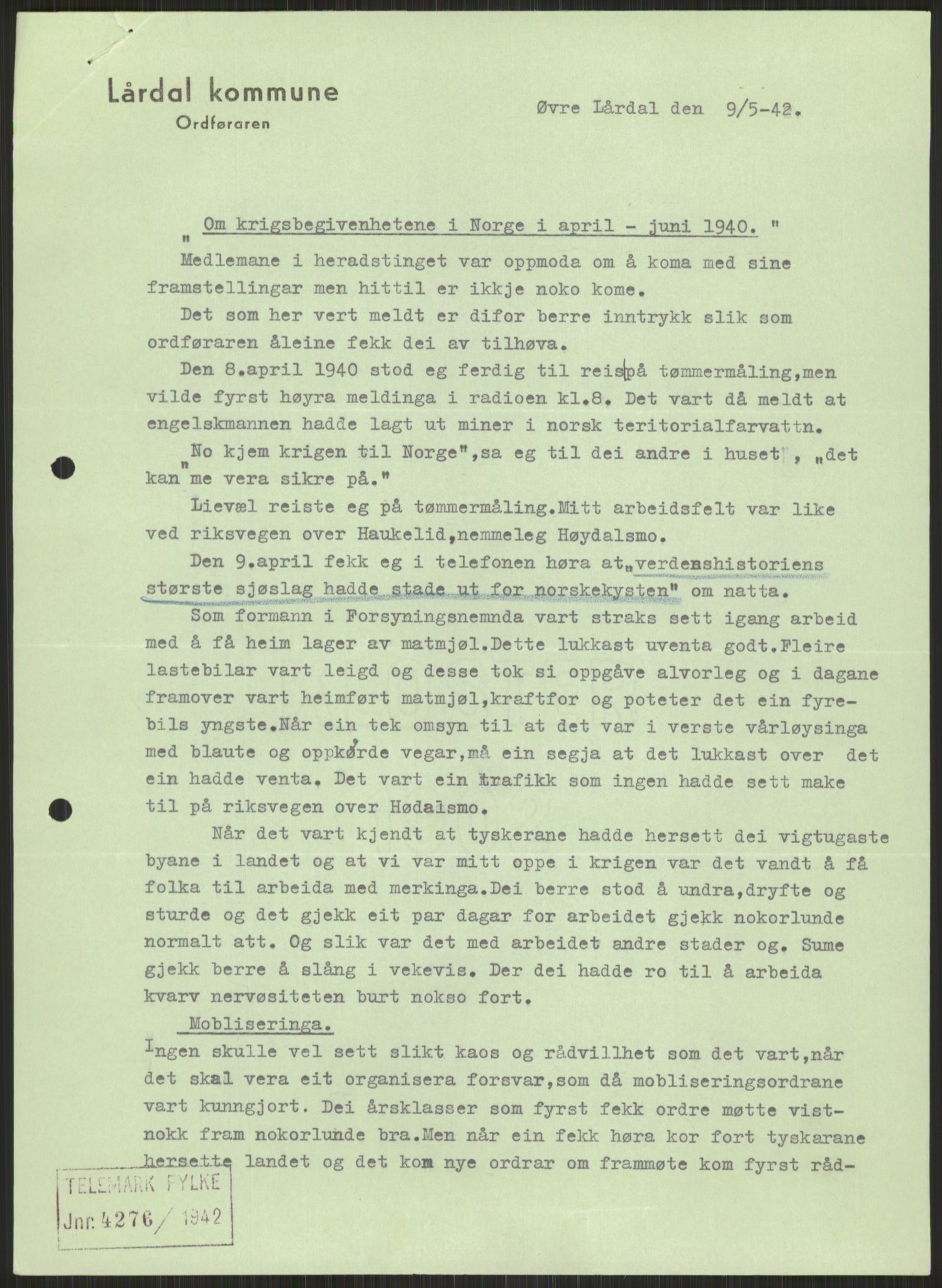 Forsvaret, Forsvarets krigshistoriske avdeling, AV/RA-RAFA-2017/Y/Ya/L0014: II-C-11-31 - Fylkesmenn.  Rapporter om krigsbegivenhetene 1940., 1940, p. 682