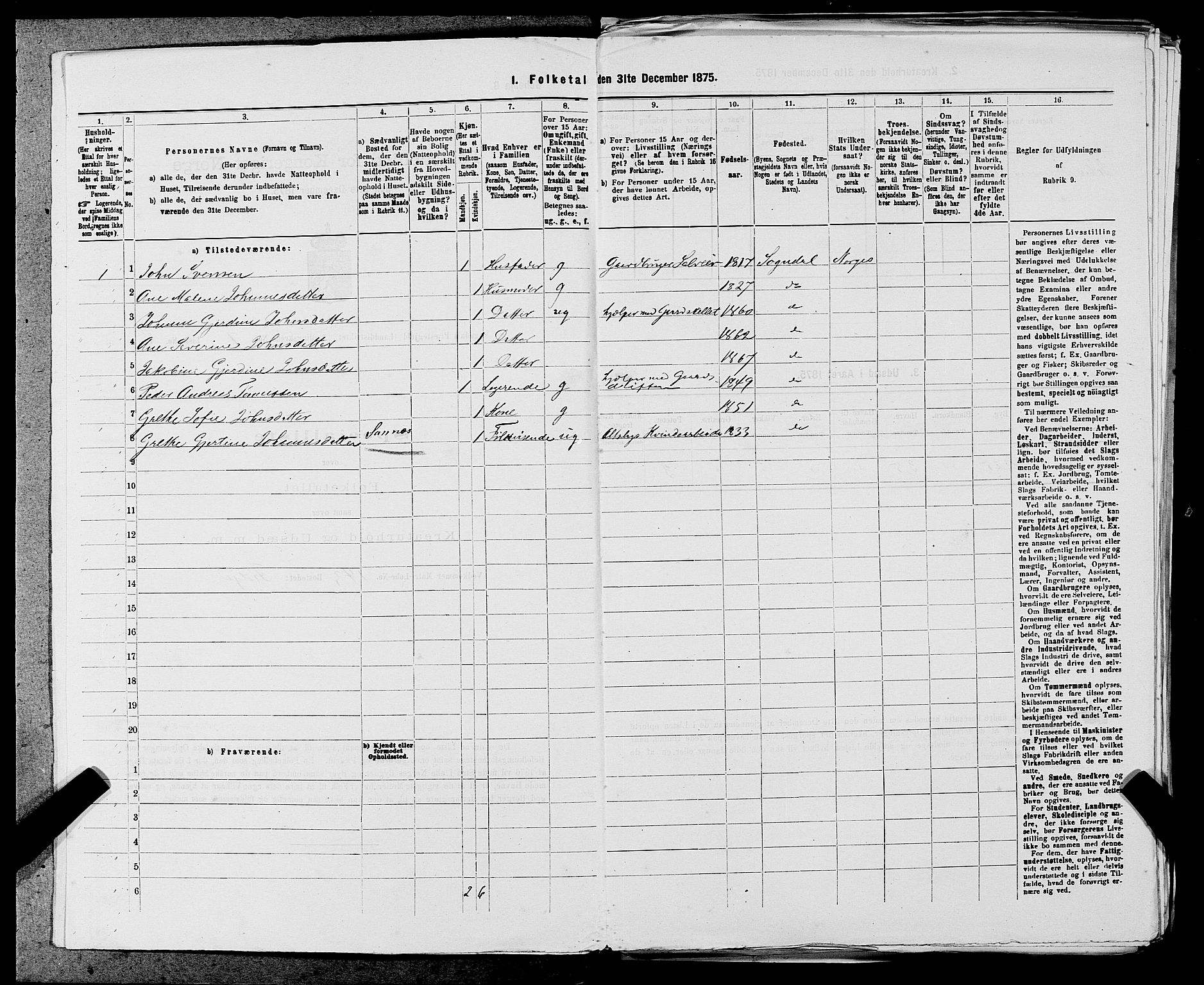 SAST, 1875 census for 1111L Sokndal/Sokndal, 1875, p. 567