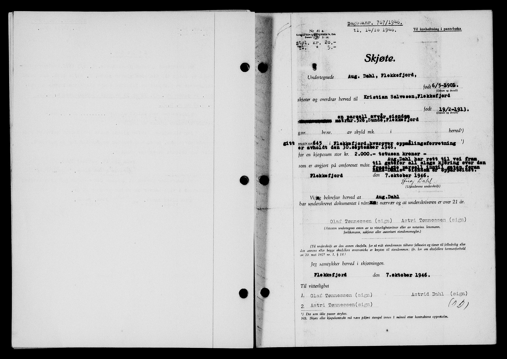 Flekkefjord sorenskriveri, SAK/1221-0001/G/Gb/Gba/L0061: Mortgage book no. A-9, 1946-1947, Diary no: : 767/1946