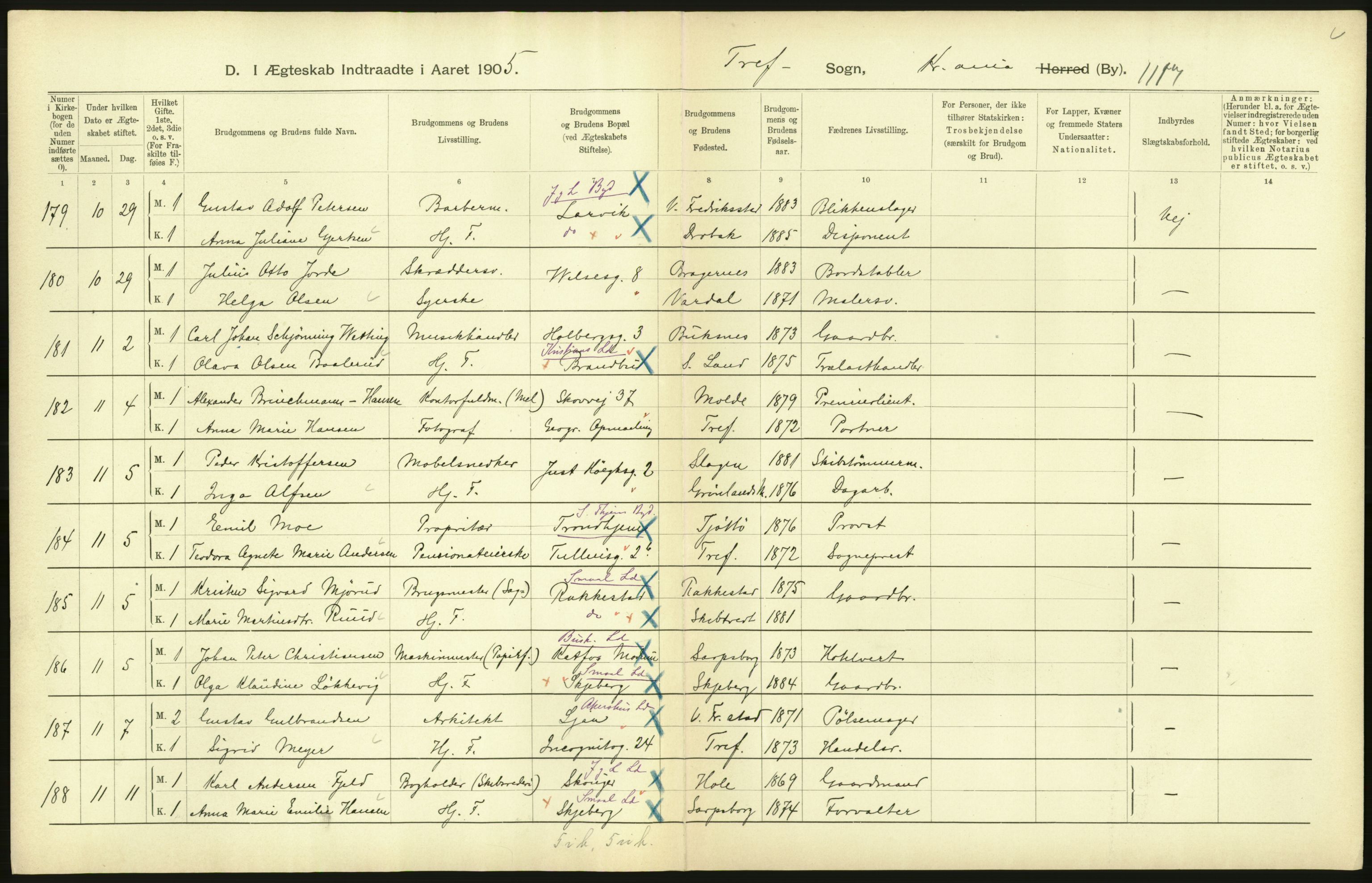 Statistisk sentralbyrå, Sosiodemografiske emner, Befolkning, AV/RA-S-2228/D/Df/Dfa/Dfac/L0007b: Kristiania: Gifte, 1905, p. 272