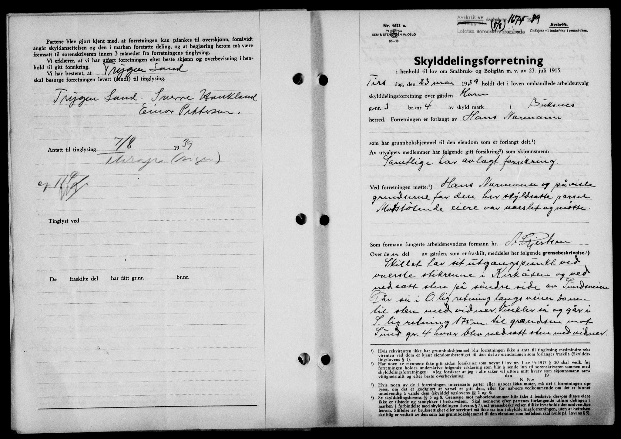 Lofoten sorenskriveri, SAT/A-0017/1/2/2C/L0006a: Mortgage book no. 6a, 1939-1939, Diary no: : 1674/1939