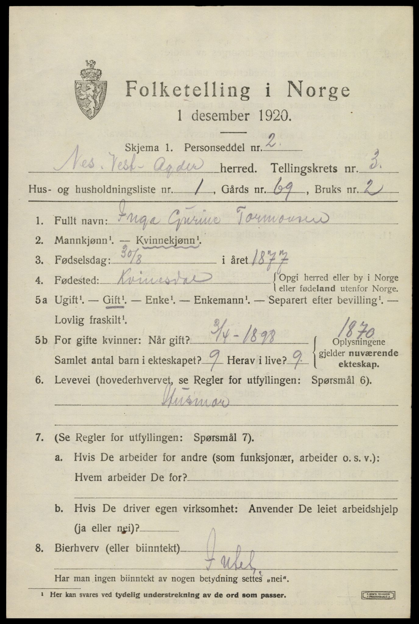 SAK, 1920 census for Nes (V-A), 1920, p. 1536