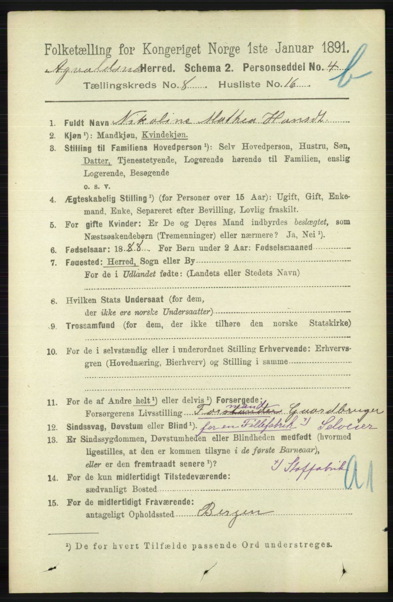 RA, 1891 census for 1147 Avaldsnes, 1891, p. 4292