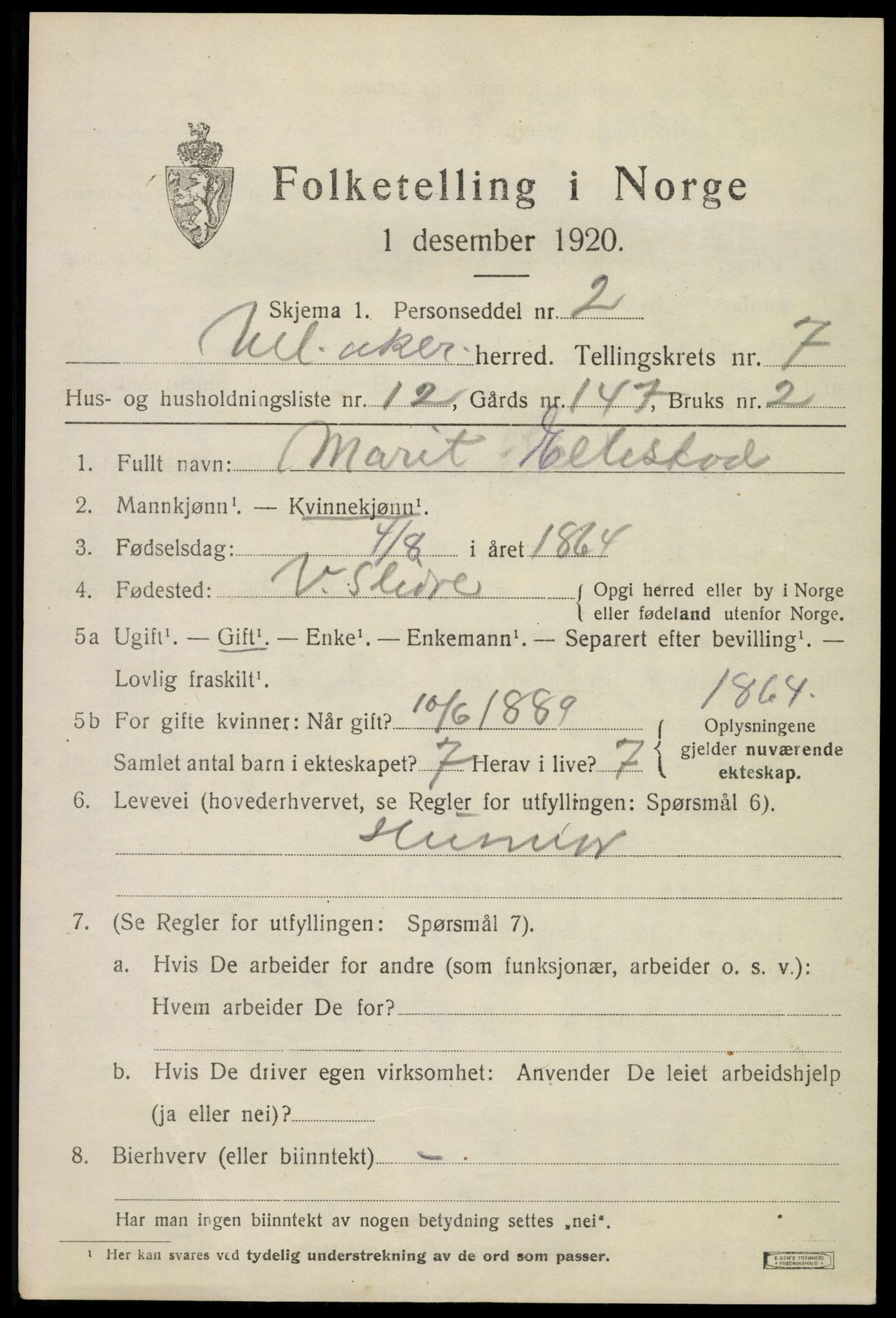 SAO, 1920 census for Ullensaker, 1920, p. 13057