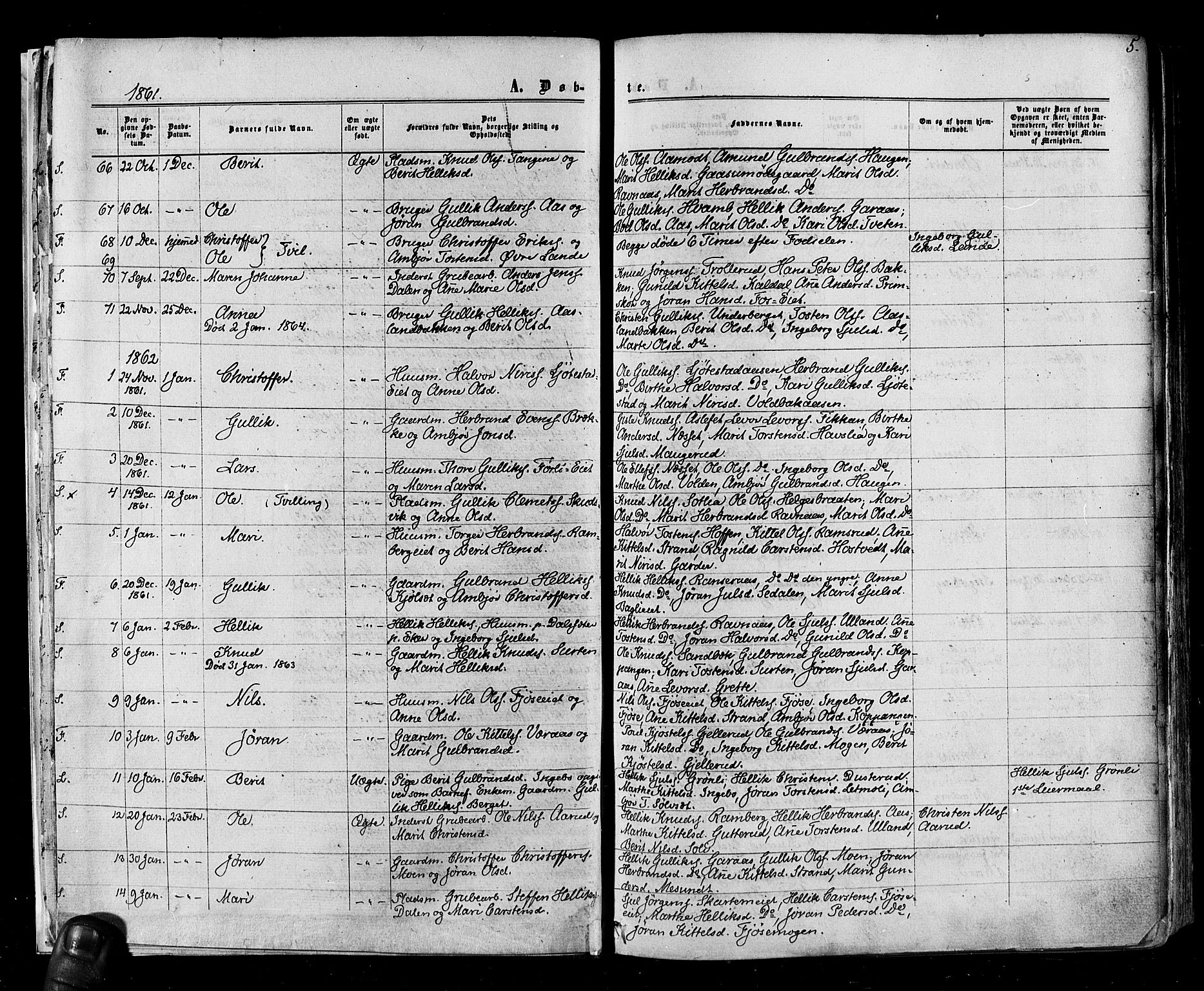 Flesberg kirkebøker, SAKO/A-18/F/Fa/L0007: Parish register (official) no. I 7, 1861-1878, p. 5