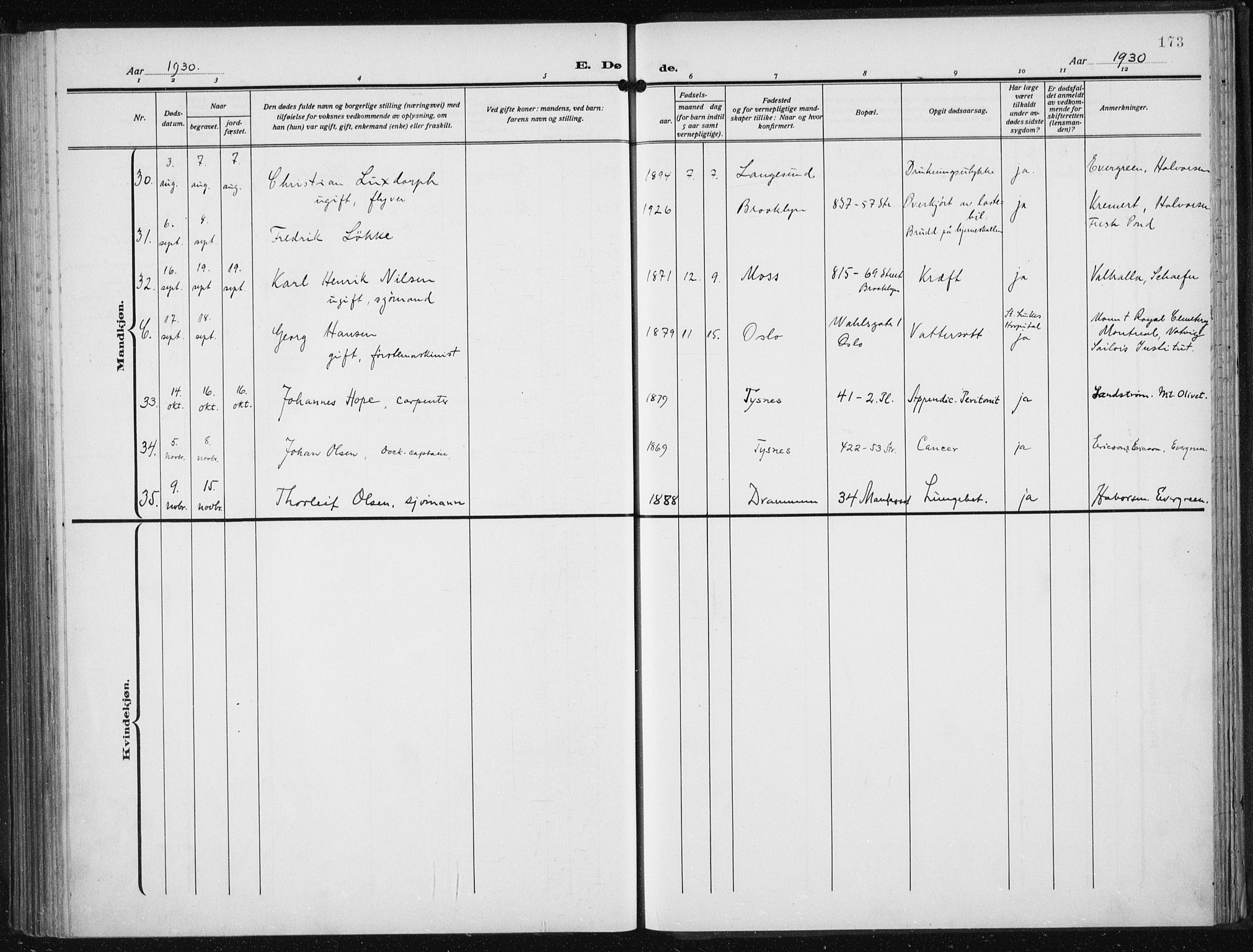 Den norske sjømannsmisjon i utlandet/New York, AV/SAB-SAB/PA-0110/H/Ha/L0008: Parish register (official) no. A 8, 1923-1935, p. 173