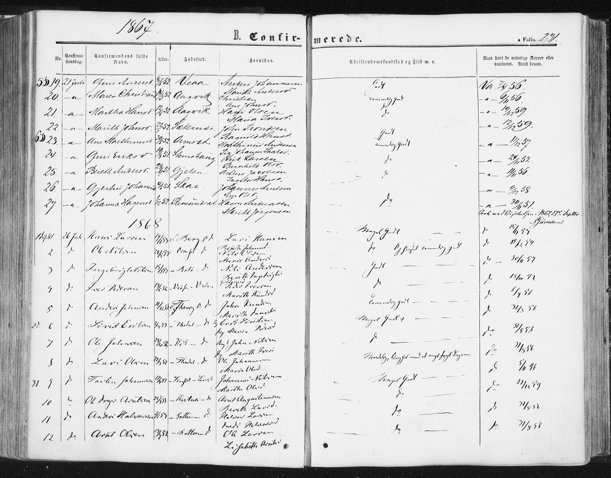 Ministerialprotokoller, klokkerbøker og fødselsregistre - Møre og Romsdal, SAT/A-1454/578/L0905: Parish register (official) no. 578A04, 1859-1877, p. 231