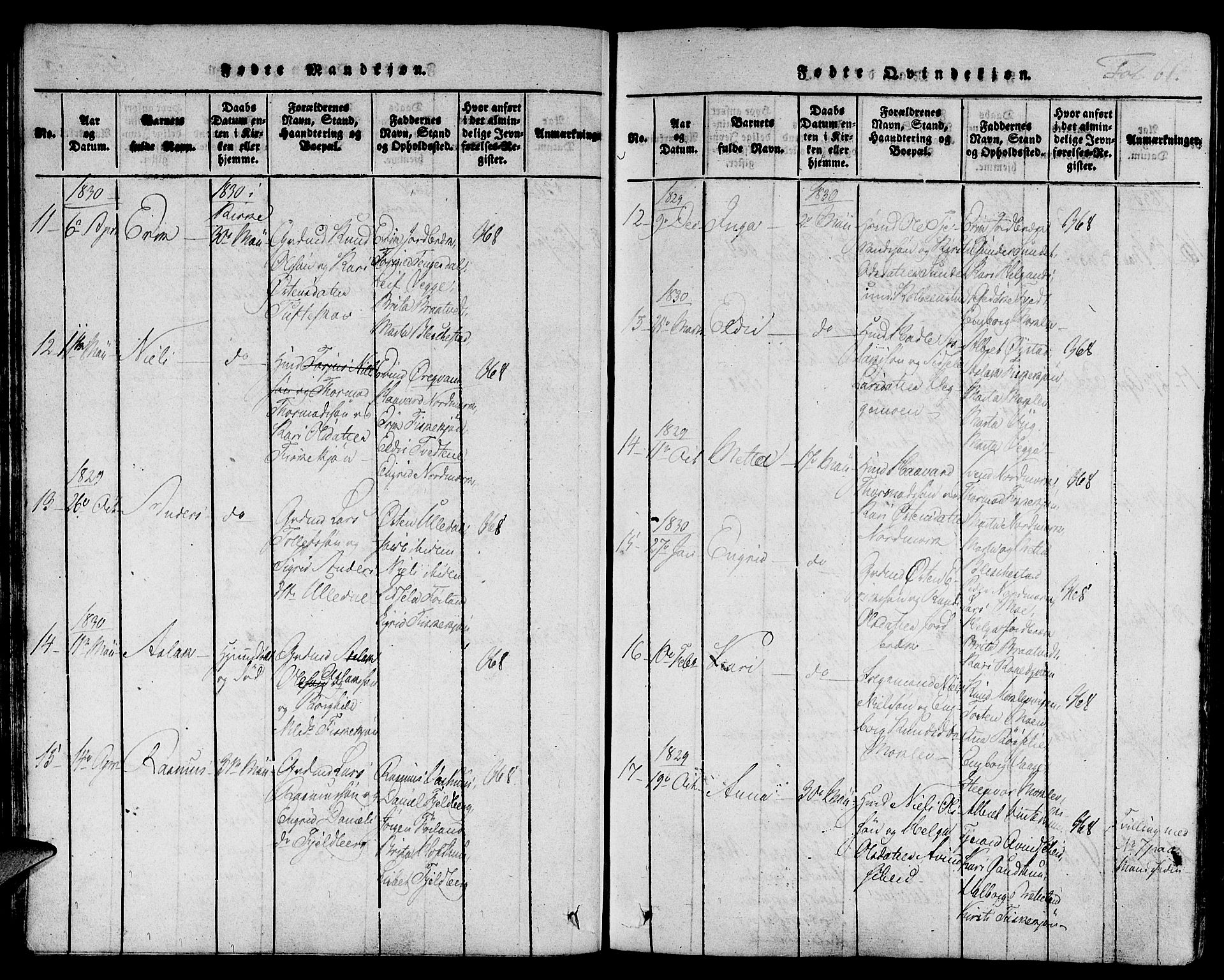 Suldal sokneprestkontor, SAST/A-101845/01/IV/L0006: Parish register (official) no. A 6, 1816-1836, p. 61