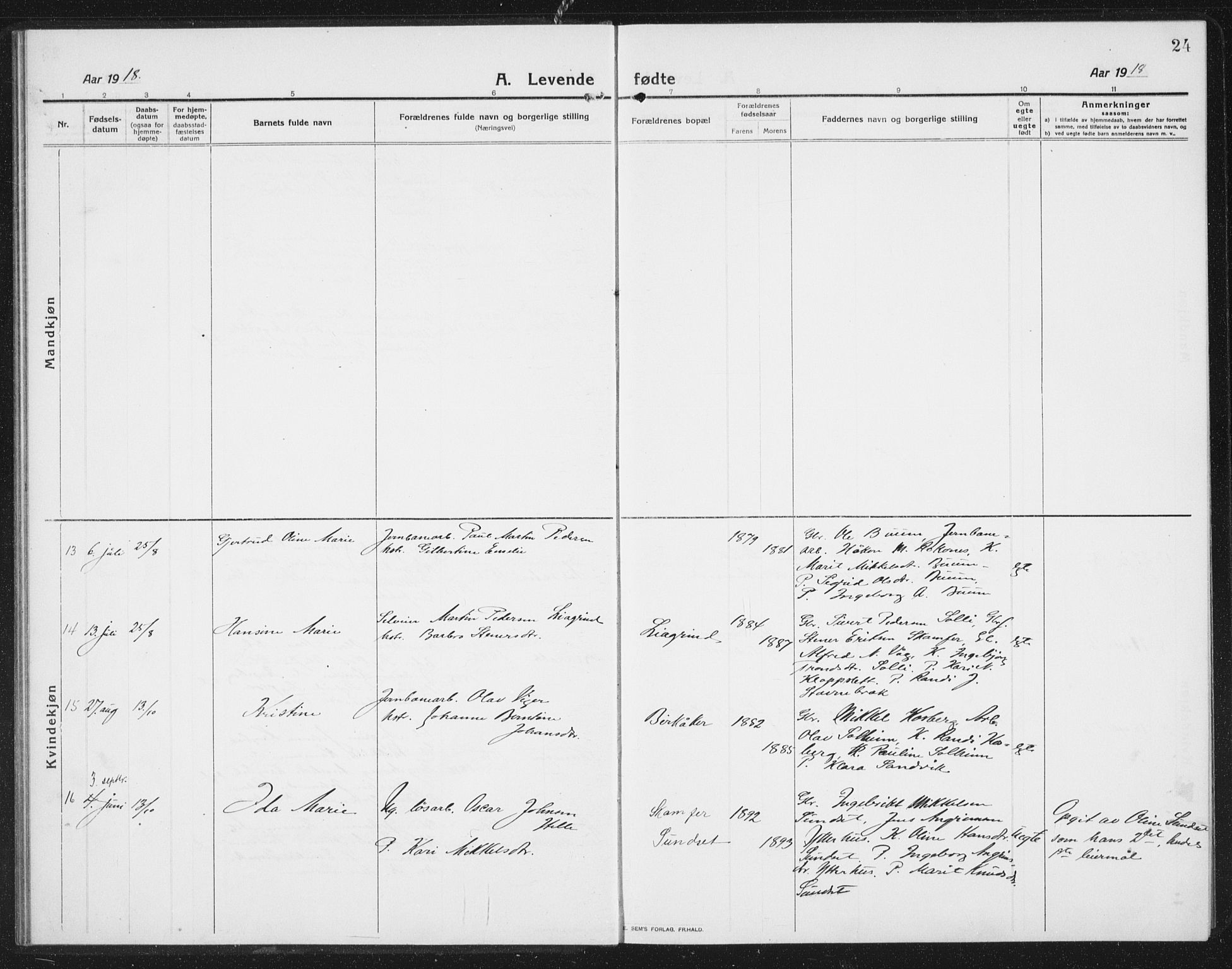 Ministerialprotokoller, klokkerbøker og fødselsregistre - Sør-Trøndelag, AV/SAT-A-1456/675/L0888: Parish register (copy) no. 675C01, 1913-1935, p. 24