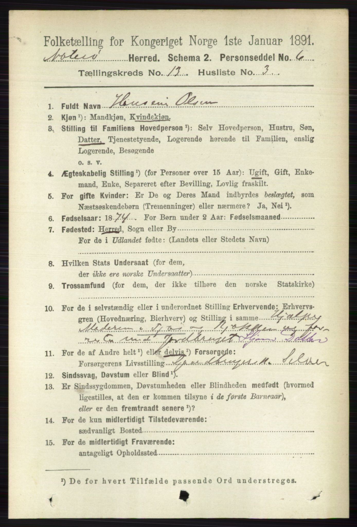 RA, 1891 census for 0722 Nøtterøy, 1891, p. 7040