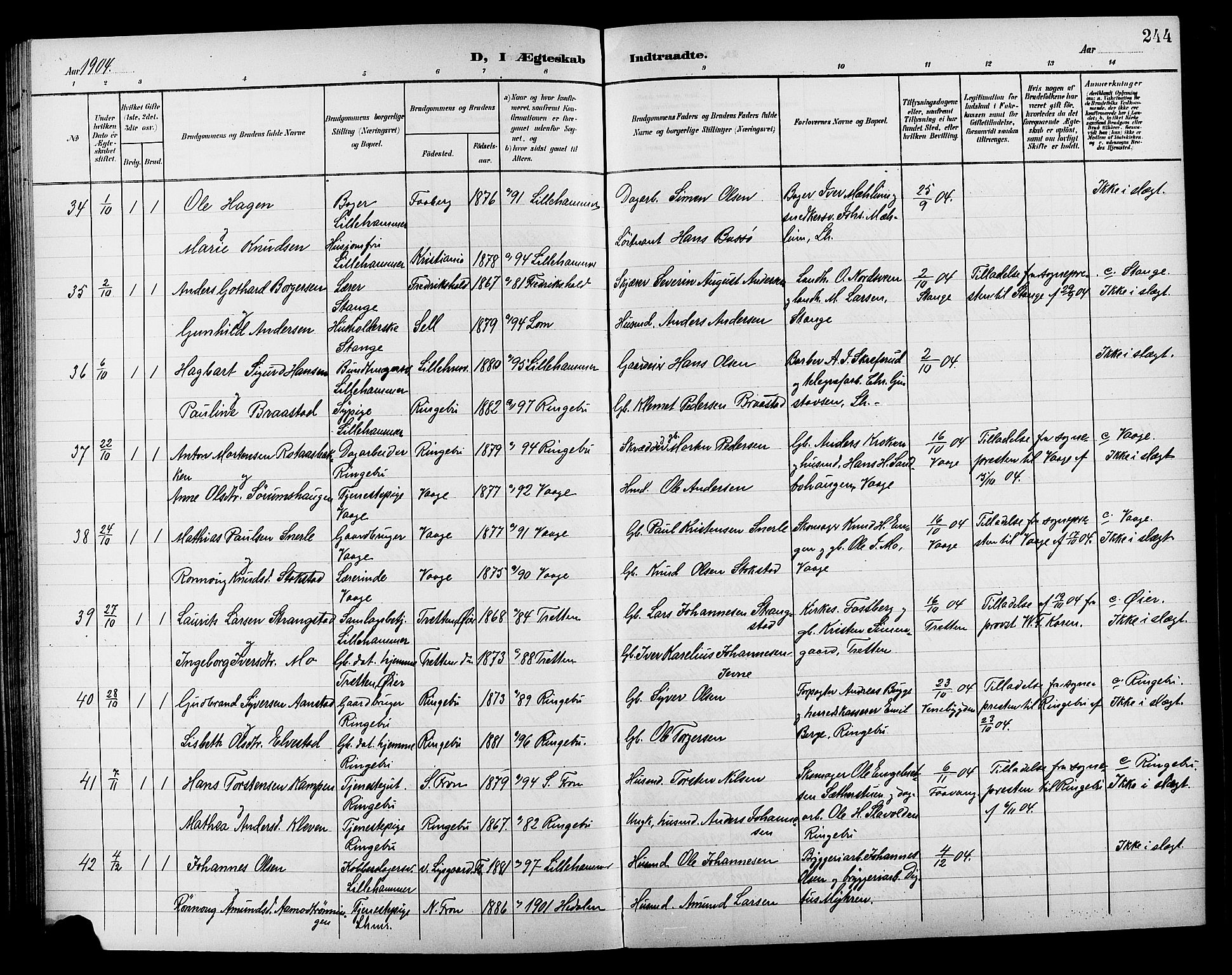 Lillehammer prestekontor, AV/SAH-PREST-088/H/Ha/Hab/L0001: Parish register (copy) no. 1, 1901-1913, p. 244