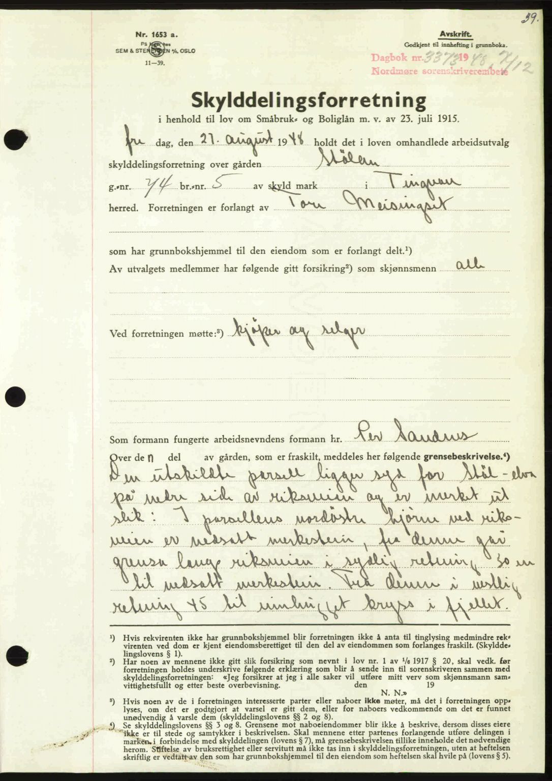 Nordmøre sorenskriveri, AV/SAT-A-4132/1/2/2Ca: Mortgage book no. A110, 1948-1949, Diary no: : 3372/1948