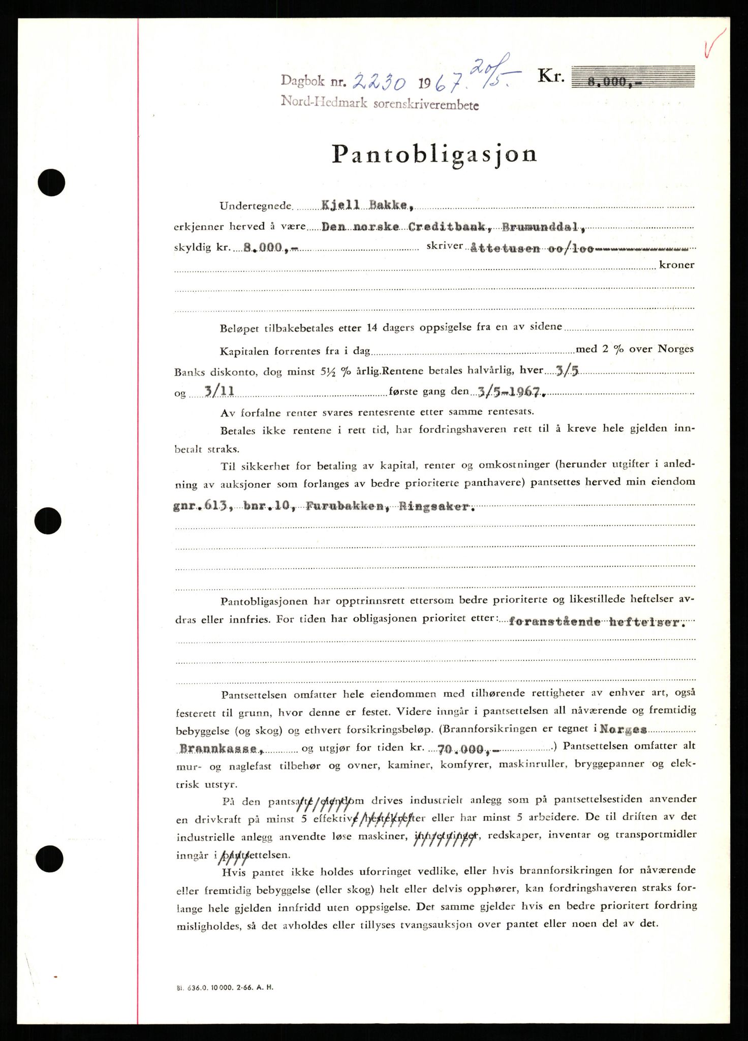 Nord-Hedmark sorenskriveri, SAH/TING-012/H/Hb/Hbf/L0071: Mortgage book no. B71, 1967-1967, Diary no: : 2230/1967