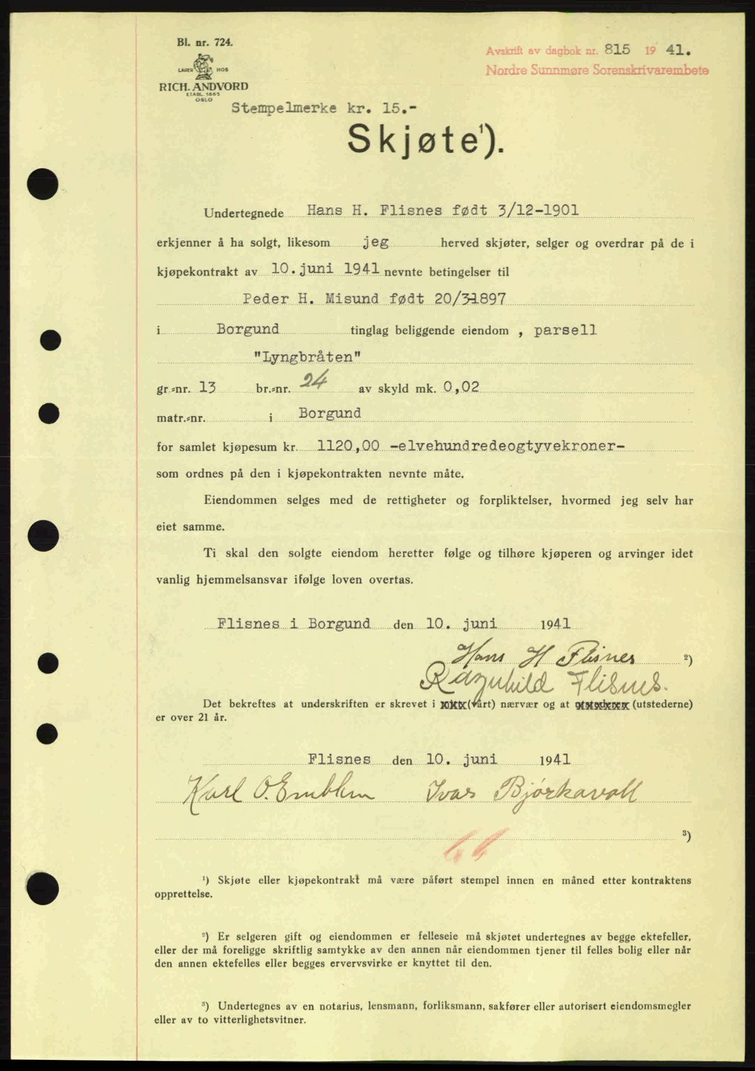 Nordre Sunnmøre sorenskriveri, AV/SAT-A-0006/1/2/2C/2Ca: Mortgage book no. A11, 1941-1941, Diary no: : 815/1941