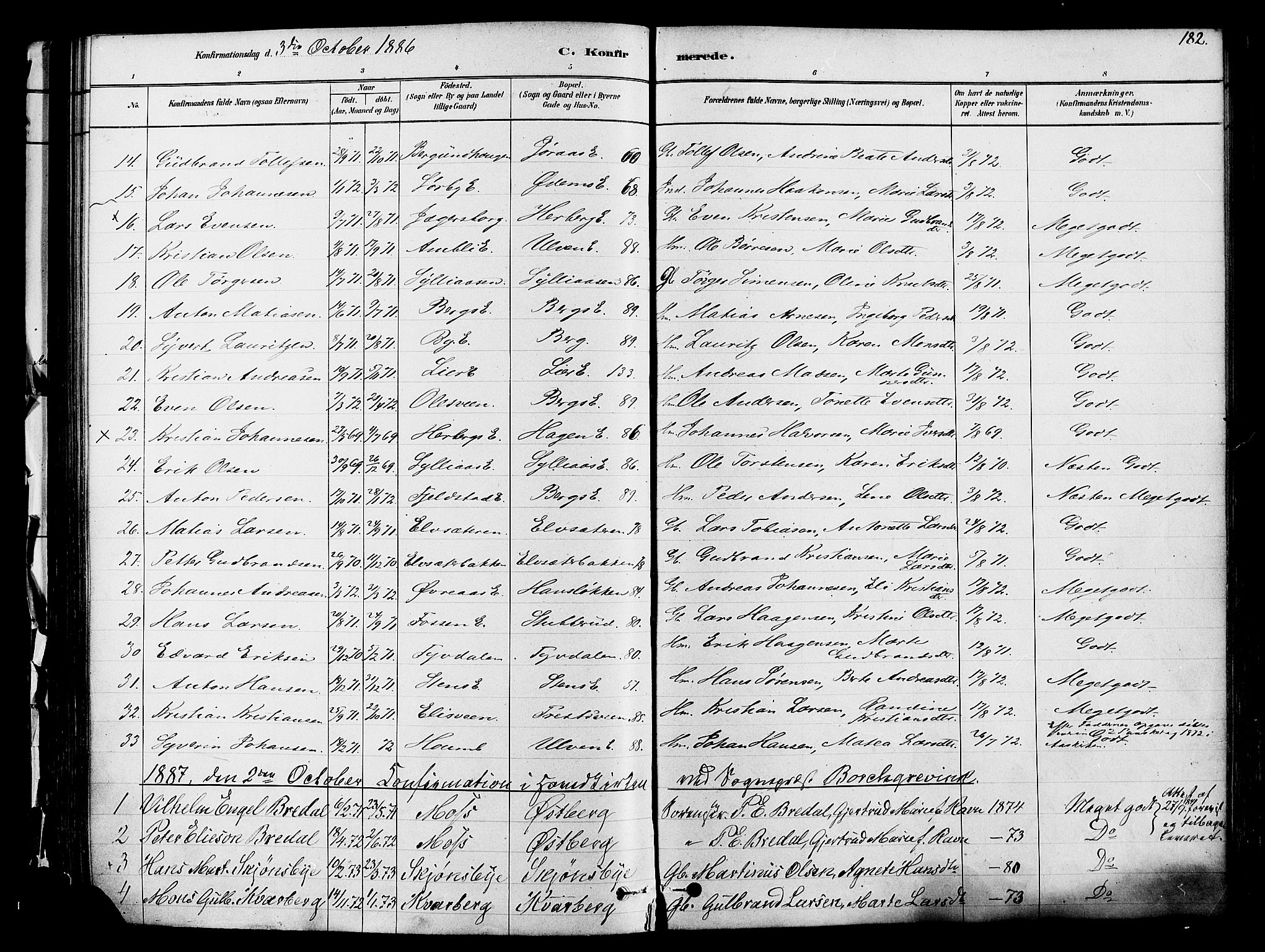 Ringsaker prestekontor, SAH/PREST-014/K/Ka/L0012: Parish register (official) no. 12, 1879-1890, p. 182