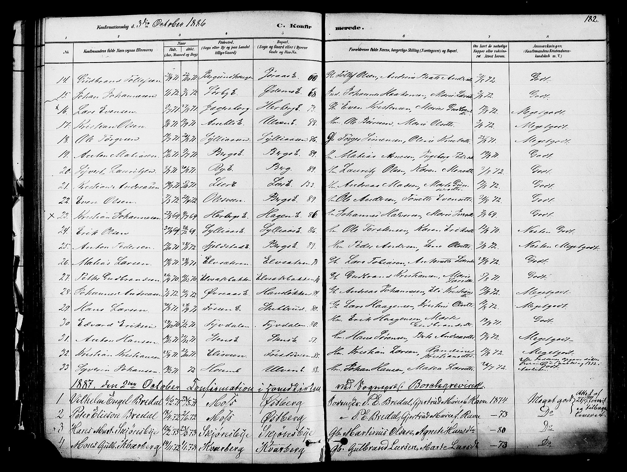 Ringsaker prestekontor, AV/SAH-PREST-014/K/Ka/L0012: Parish register (official) no. 12, 1879-1890, p. 182