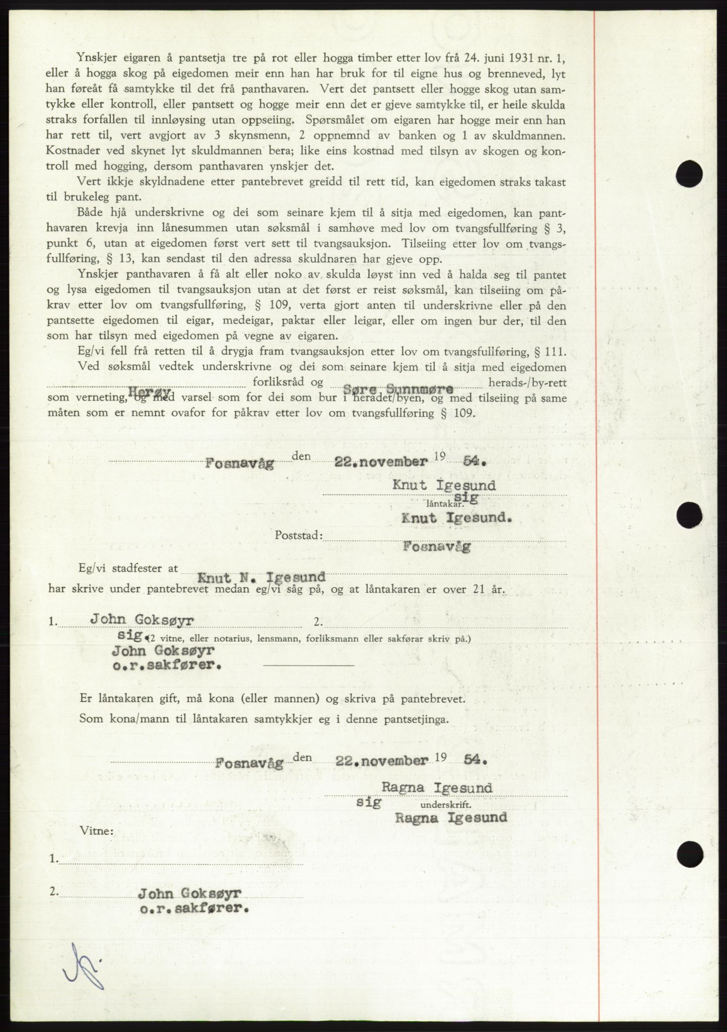 Søre Sunnmøre sorenskriveri, AV/SAT-A-4122/1/2/2C/L0126: Mortgage book no. 14B, 1954-1955, Diary no: : 3353/1954