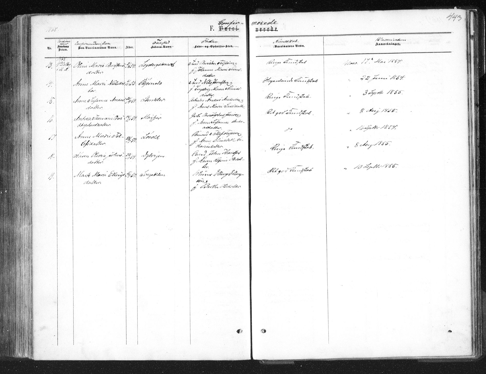 Tromøy sokneprestkontor, SAK/1111-0041/F/Fa/L0007: Parish register (official) no. A 7, 1864-1869, p. 443