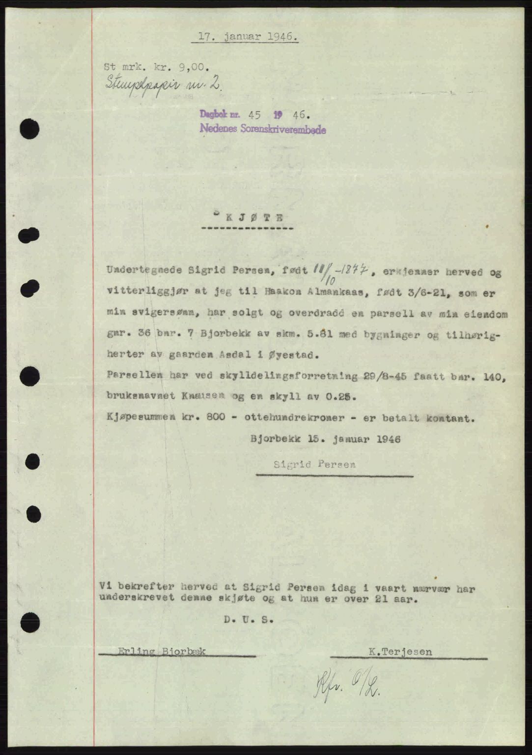 Nedenes sorenskriveri, AV/SAK-1221-0006/G/Gb/Gba/L0054: Mortgage book no. A6c, 1946-1946, Diary no: : 45/1946