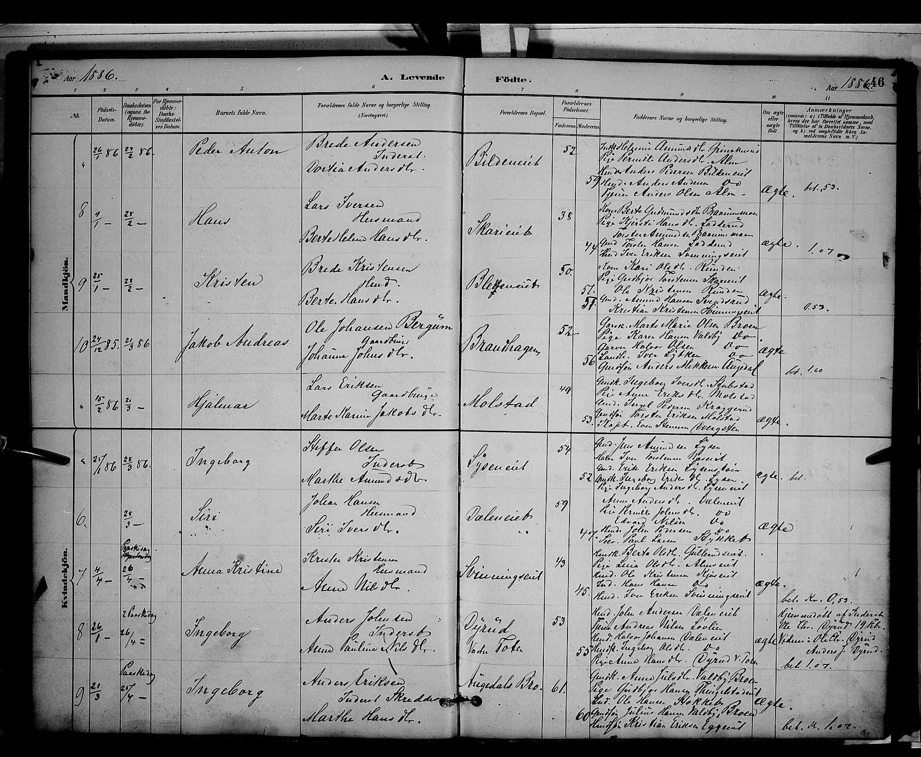 Gran prestekontor, SAH/PREST-112/H/Ha/Hab/L0003: Parish register (copy) no. 3, 1882-1890, p. 46