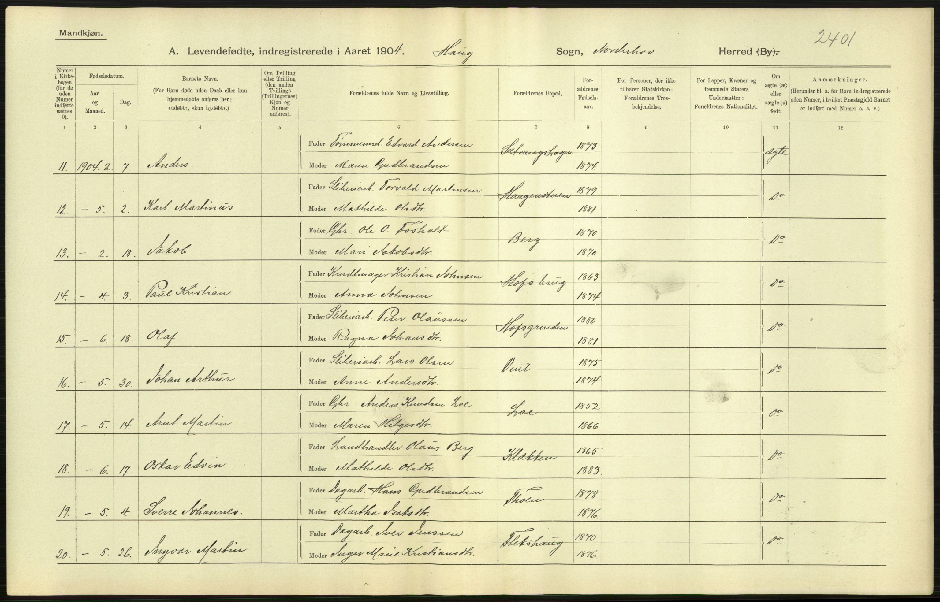 Statistisk sentralbyrå, Sosiodemografiske emner, Befolkning, RA/S-2228/D/Df/Dfa/Dfab/L0007: Buskerud amt: Fødte, gifte, døde, 1904, p. 27