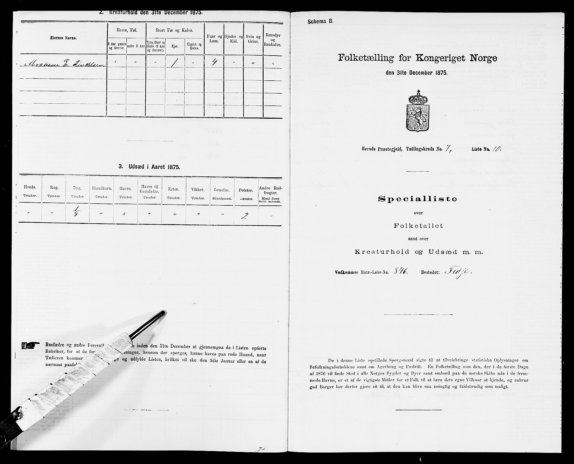 SAK, 1875 census for 1039P Herad, 1875, p. 852