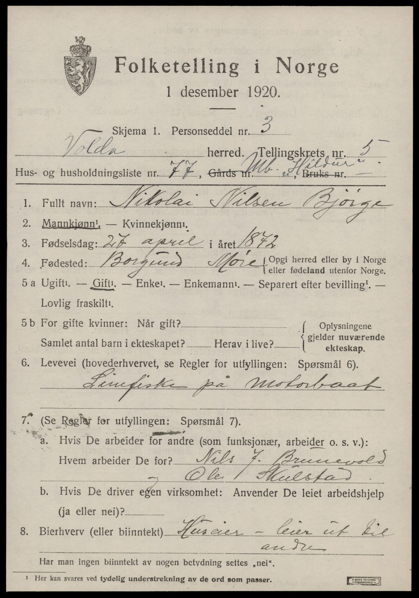 SAT, 1920 census for Volda, 1920, p. 5008