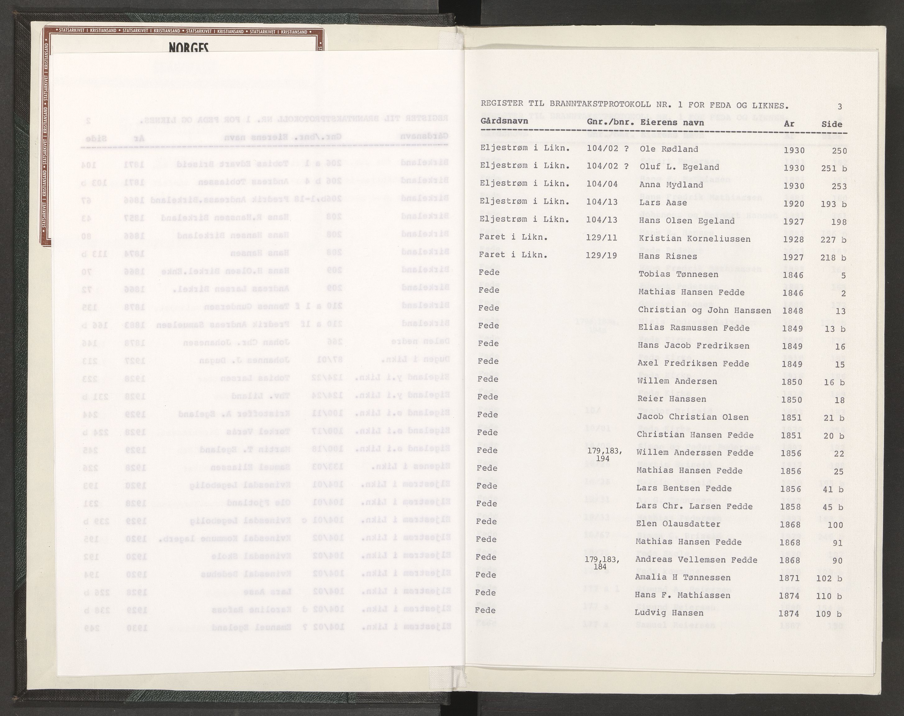 Norges Brannkasse Feda, AV/SAK-2241-0012/F/Fa/L0001: Branntakstprotokoll nr. 1 med gårdsnavnregister, 1846-1931