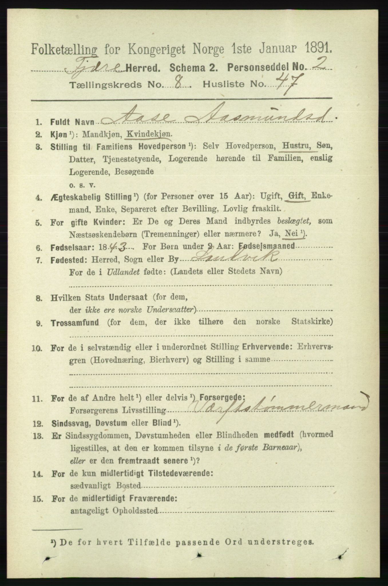 RA, 1891 census for 0923 Fjære, 1891, p. 4032