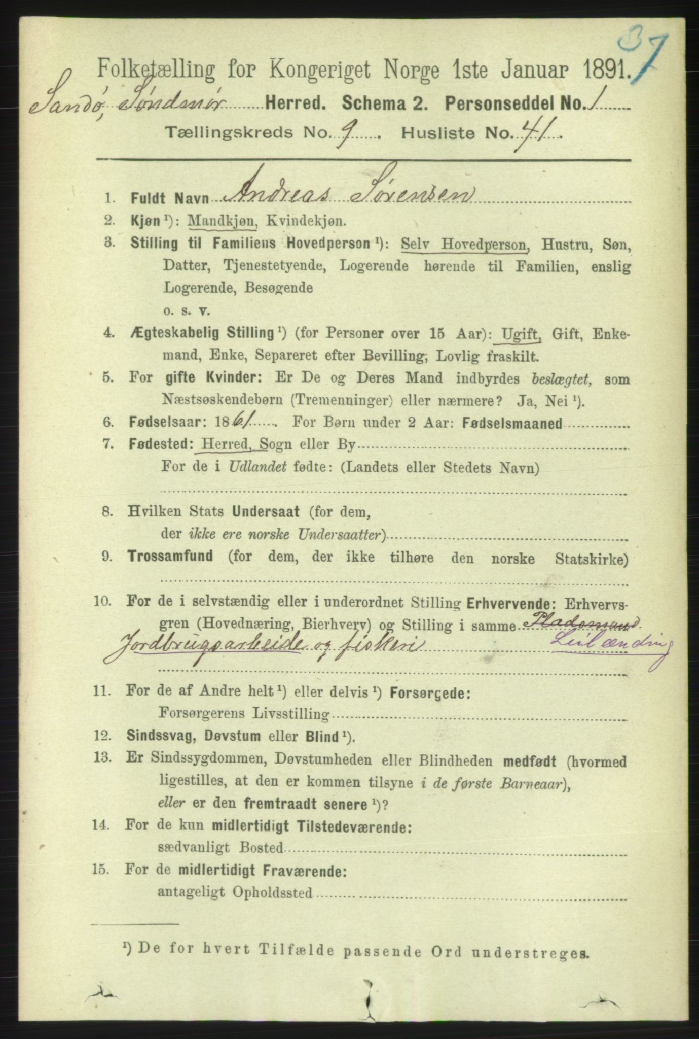 RA, 1891 census for 1514 Sande, 1891, p. 1739