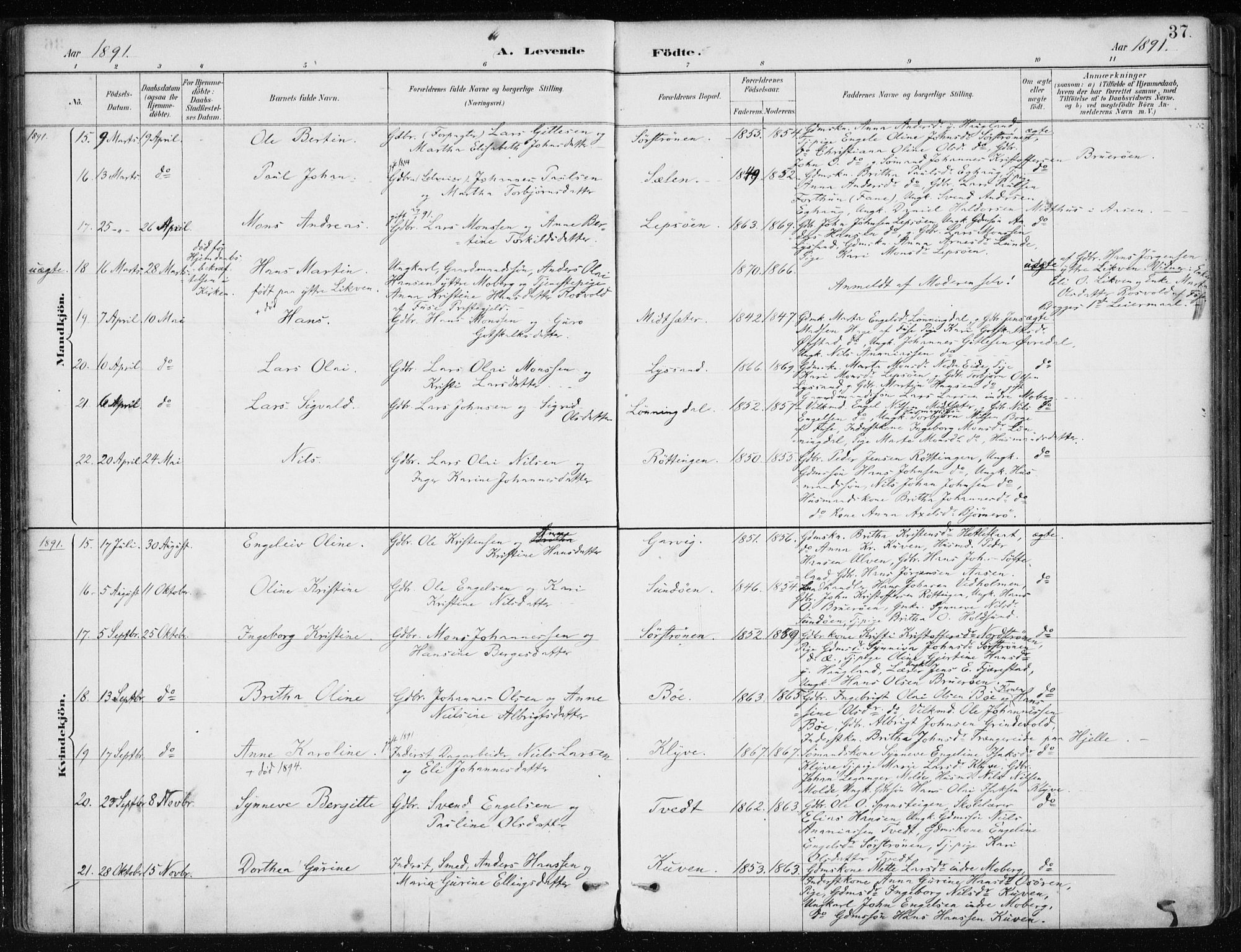 Os sokneprestembete, SAB/A-99929: Parish register (official) no. B 1, 1885-1902, p. 37