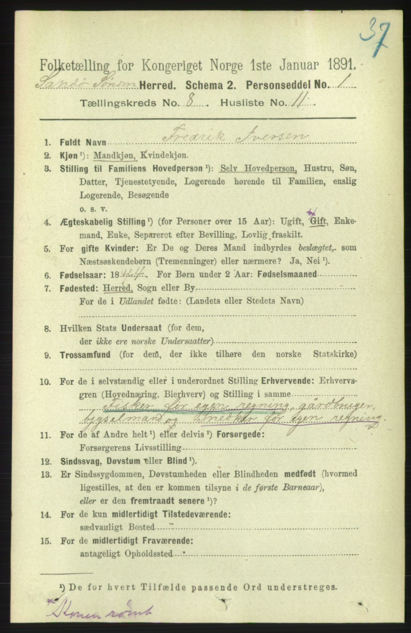 RA, 1891 census for 1514 Sande, 1891, p. 1428