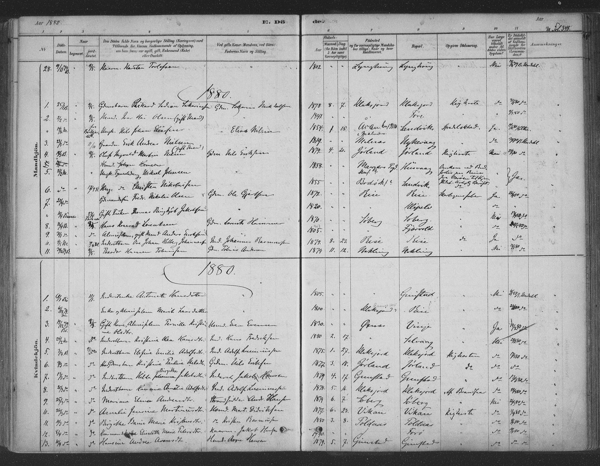 Ministerialprotokoller, klokkerbøker og fødselsregistre - Nordland, AV/SAT-A-1459/891/L1302: Parish register (official) no. 891A07, 1878-1895, p. 348