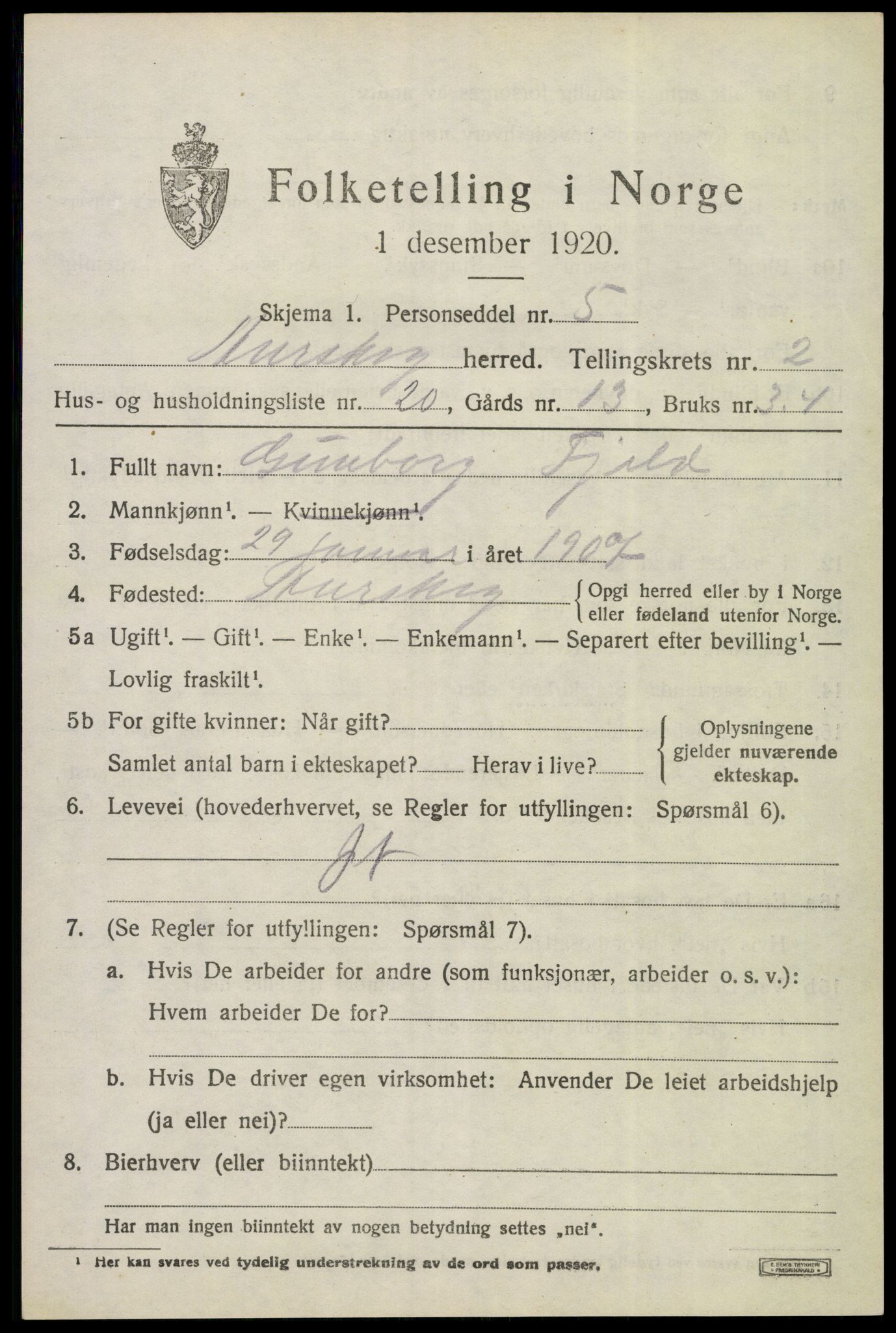 SAO, 1920 census for Aurskog, 1920, p. 1908