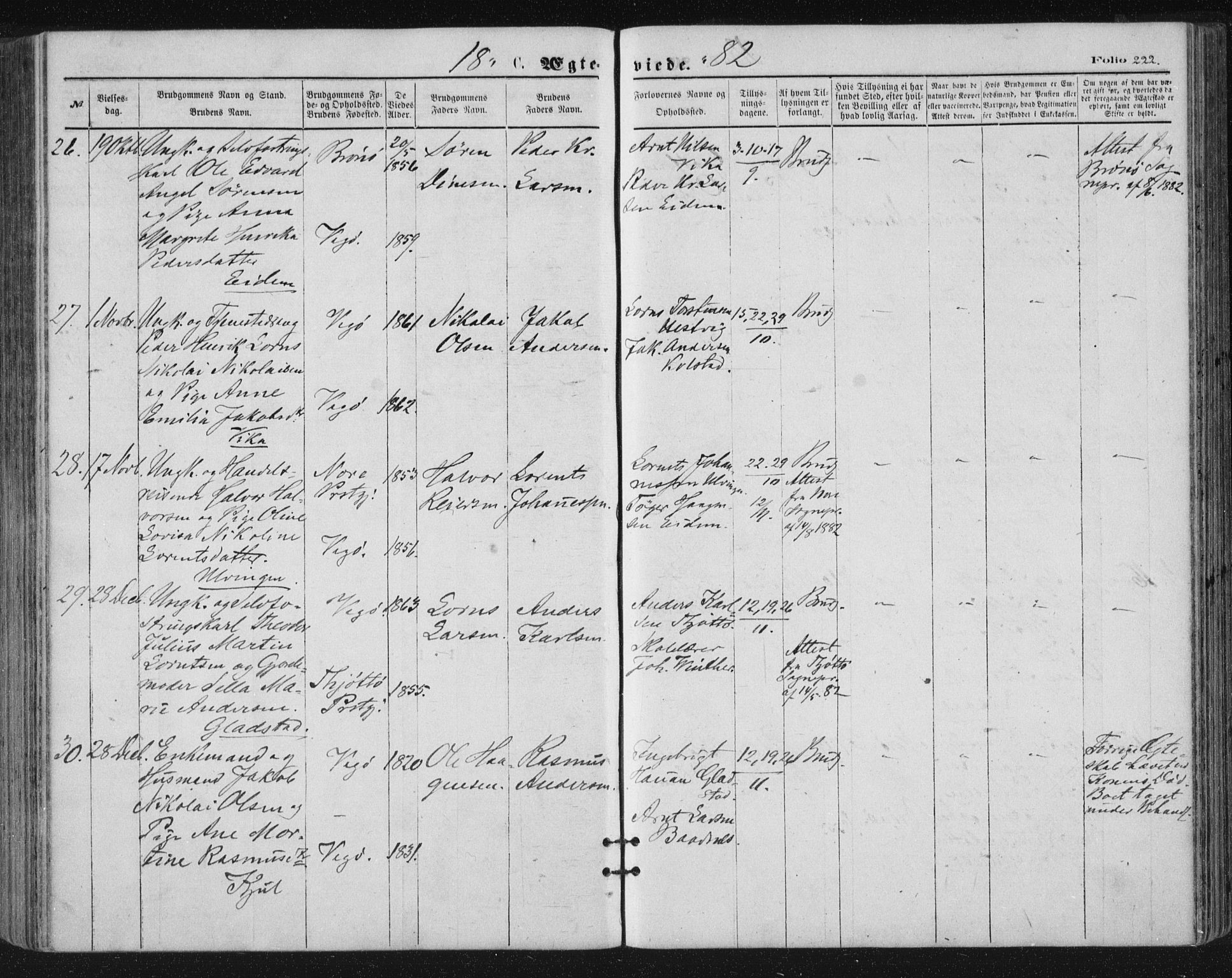 Ministerialprotokoller, klokkerbøker og fødselsregistre - Nordland, SAT/A-1459/816/L0241: Parish register (official) no. 816A07, 1870-1885, p. 222