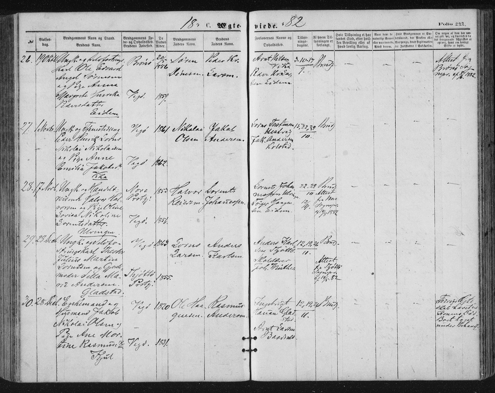 Ministerialprotokoller, klokkerbøker og fødselsregistre - Nordland, AV/SAT-A-1459/816/L0241: Parish register (official) no. 816A07, 1870-1885, p. 222