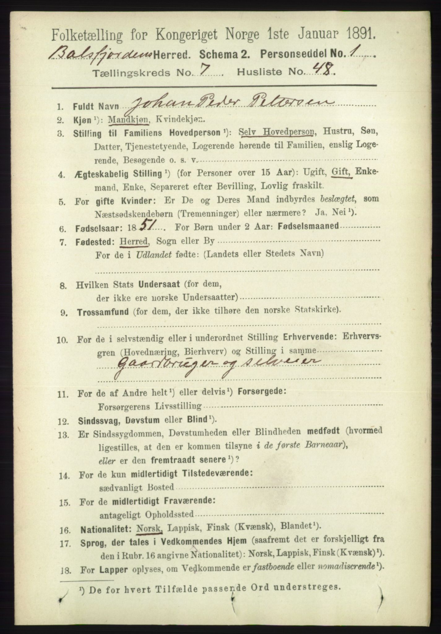 RA, 1891 census for 1933 Balsfjord, 1891, p. 2352