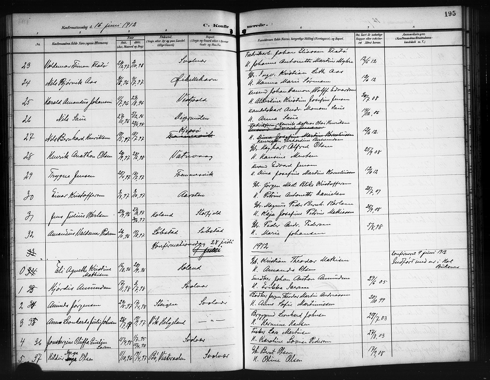 Ministerialprotokoller, klokkerbøker og fødselsregistre - Nordland, SAT/A-1459/874/L1079: Parish register (copy) no. 874C08, 1907-1915, p. 195