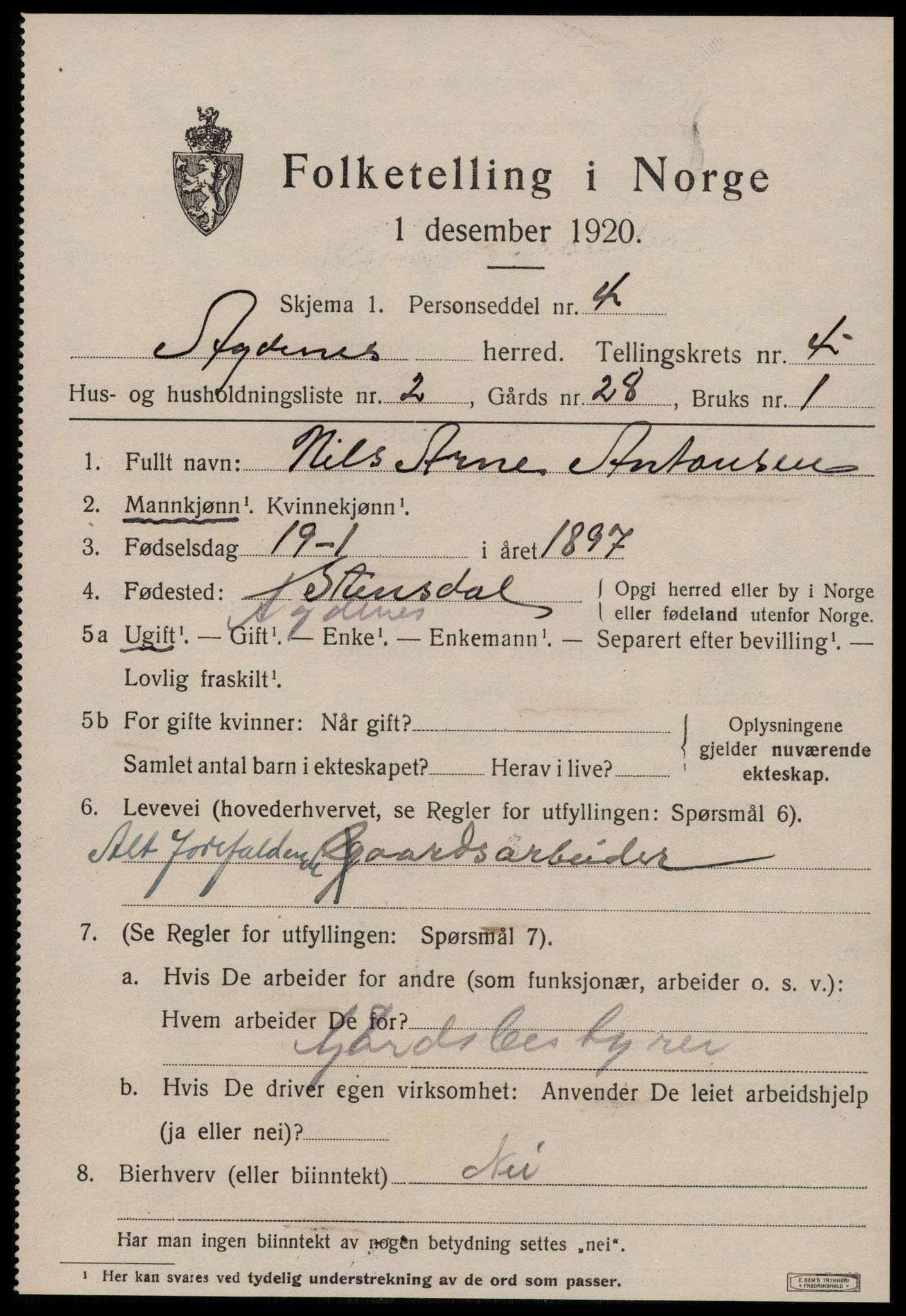 SAT, 1920 census for Agdenes, 1920, p. 2043