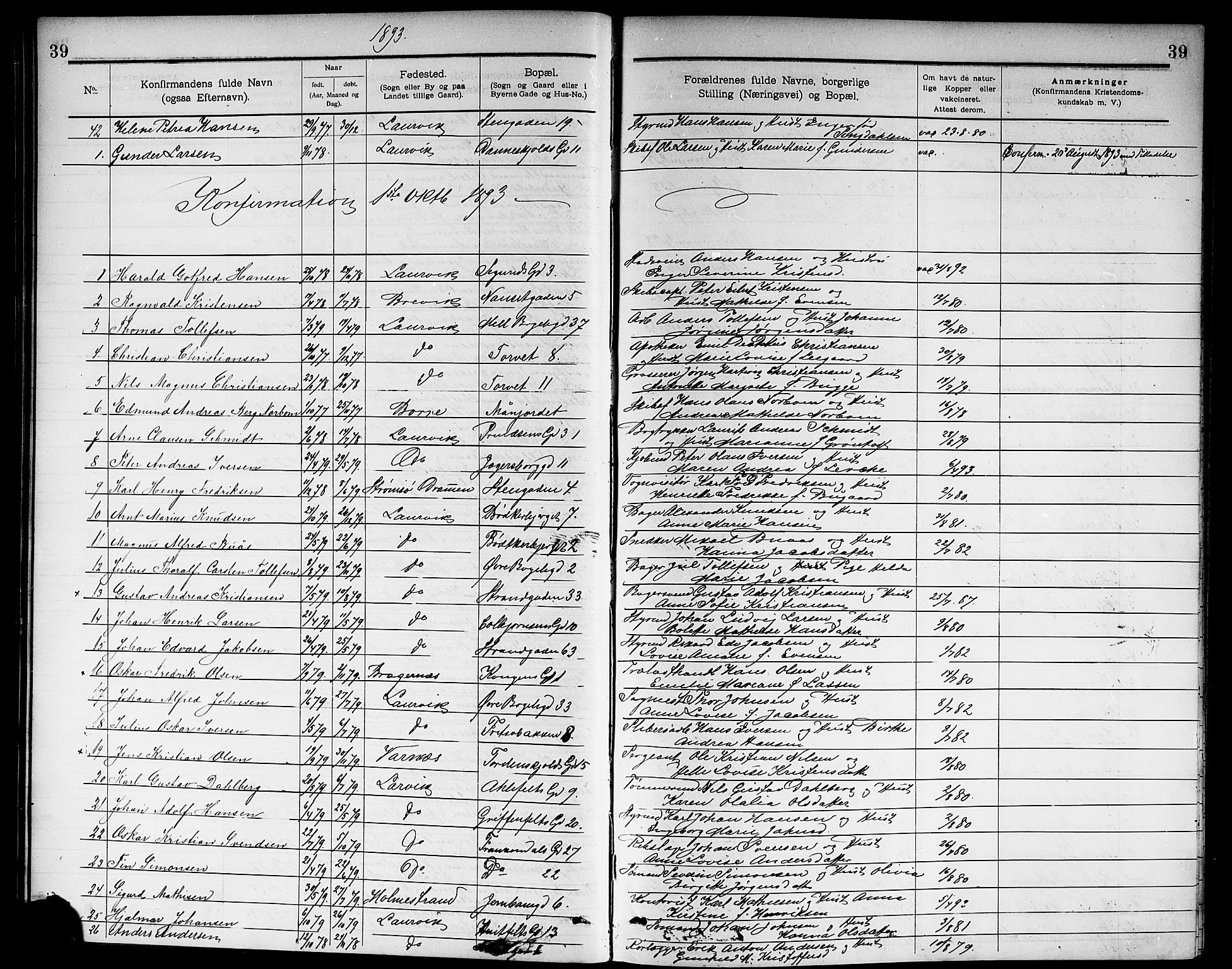 Larvik kirkebøker, AV/SAKO-A-352/G/Ga/L0006: Parish register (copy) no. I 6, 1888-1917, p. 39