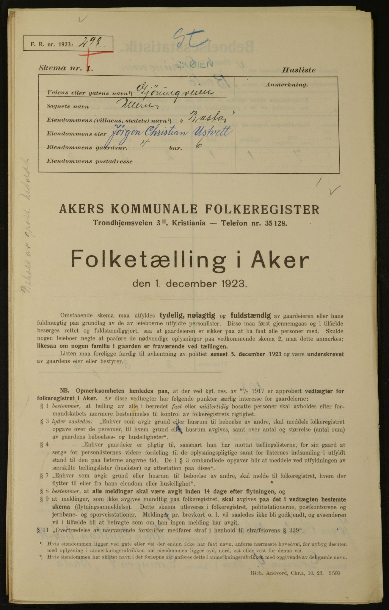 , Municipal Census 1923 for Aker, 1923, p. 1917