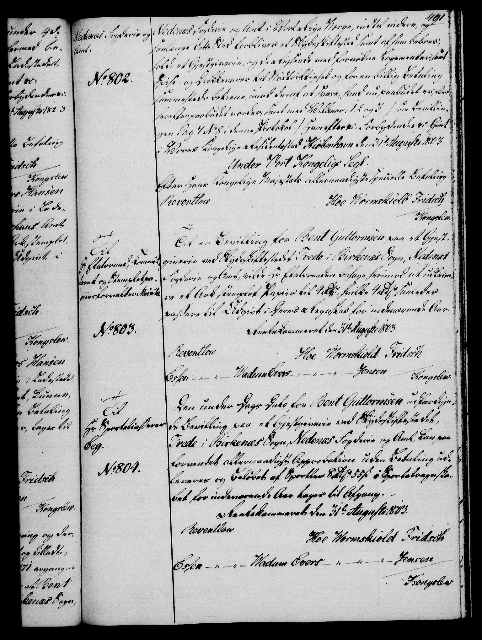 Rentekammeret, Kammerkanselliet, AV/RA-EA-3111/G/Gg/Gga/L0017: Norsk ekspedisjonsprotokoll med register (merket RK 53.17), 1801-1803, p. 491