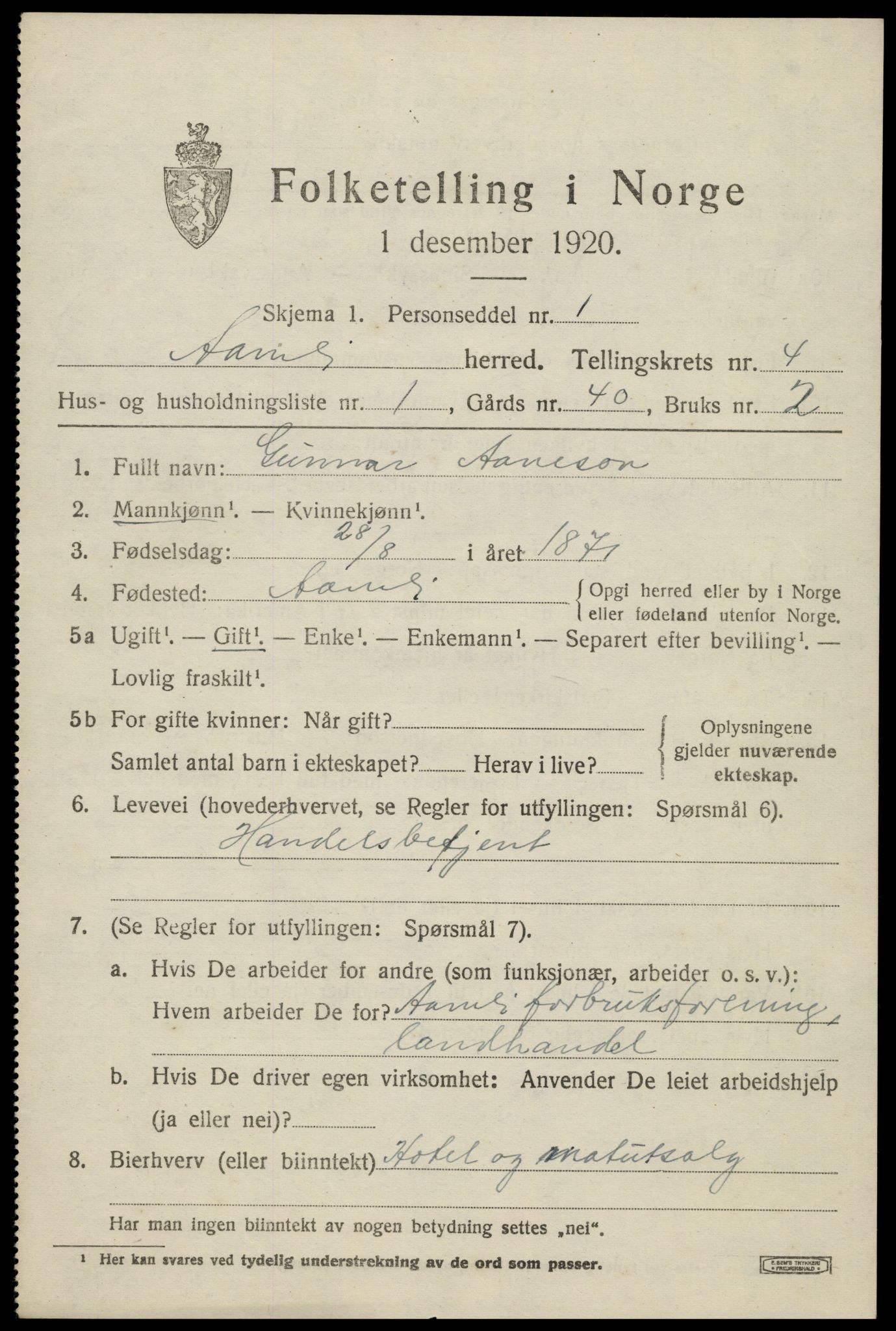 SAK, 1920 census for Åmli, 1920, p. 1855