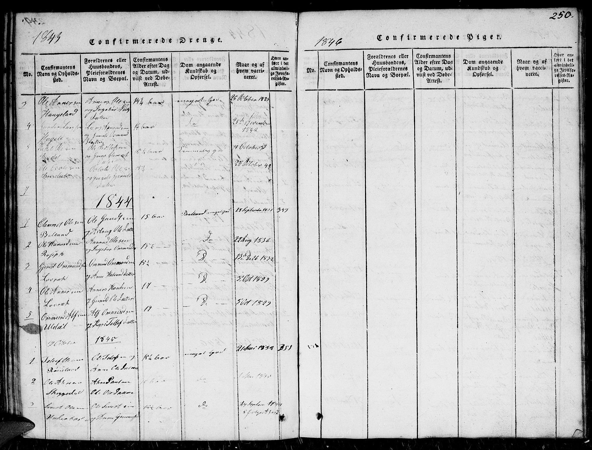 Herefoss sokneprestkontor, SAK/1111-0019/F/Fb/Fbc/L0001: Parish register (copy) no. B 1, 1816-1866, p. 250