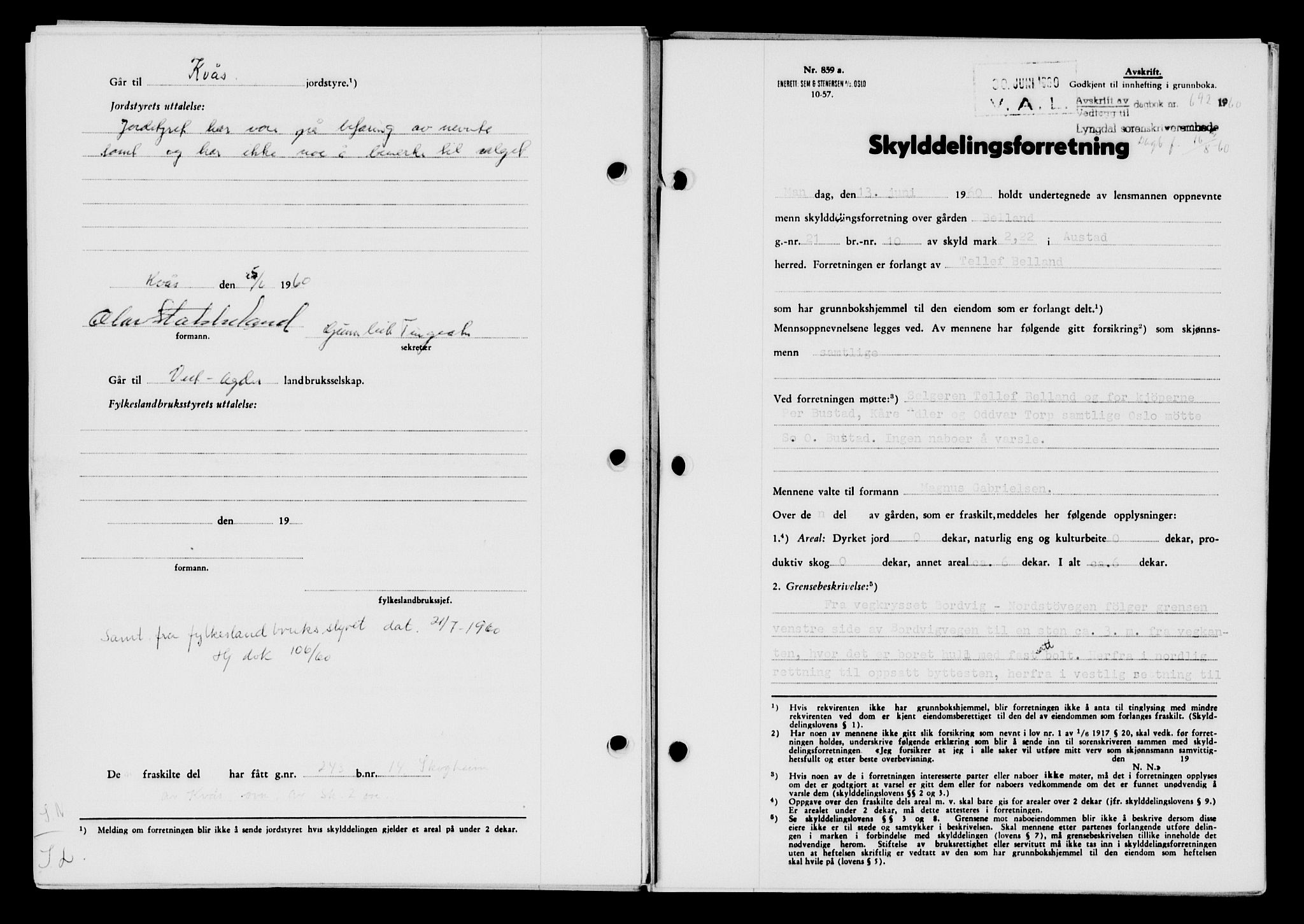 Lyngdal sorenskriveri, AV/SAK-1221-0004/G/Gb/L0680: Mortgage book no. A XXVI, 1960-1960, Diary no: : 692/1960