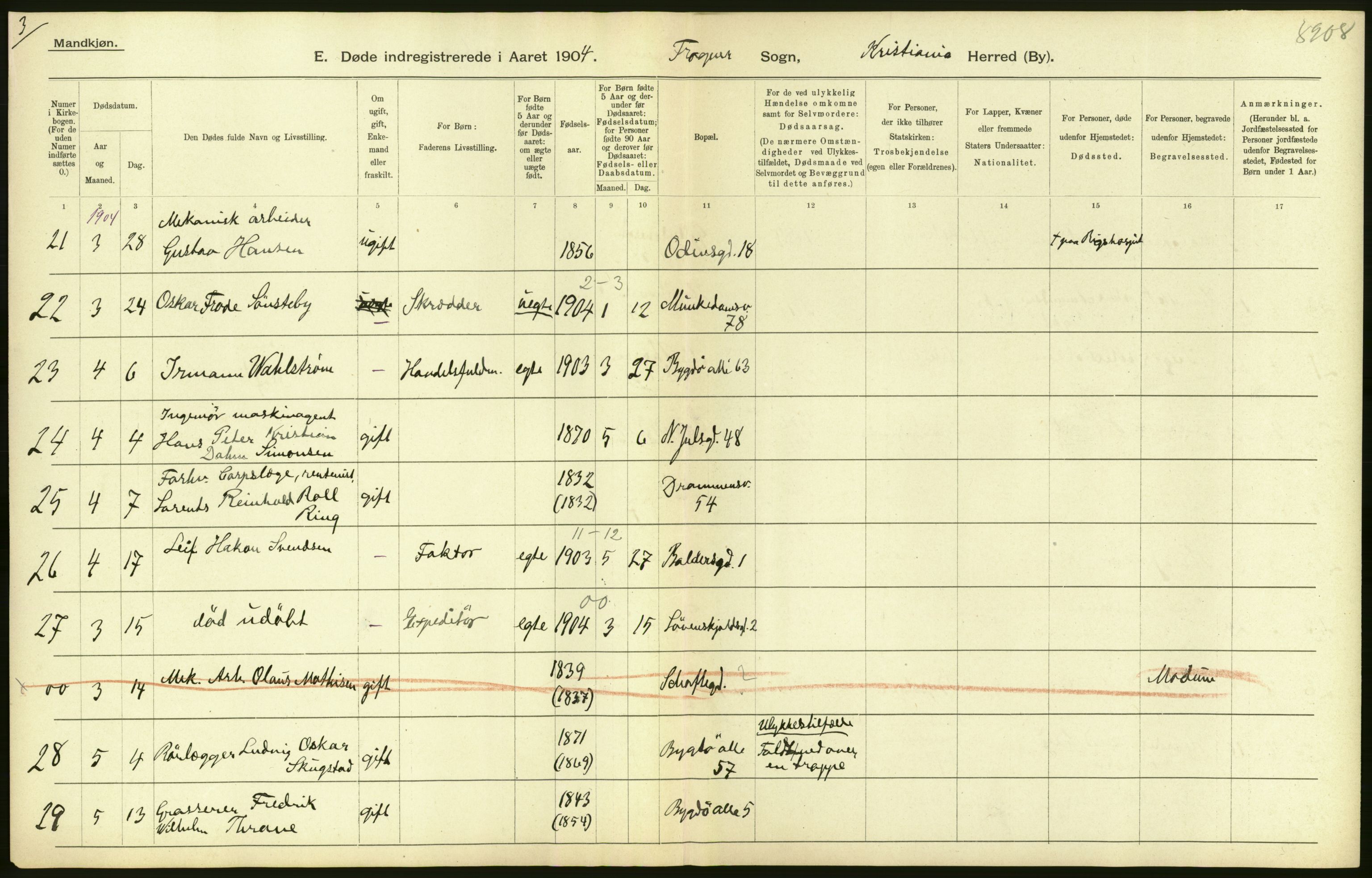 Statistisk sentralbyrå, Sosiodemografiske emner, Befolkning, AV/RA-S-2228/D/Df/Dfa/Dfab/L0004: Kristiania: Gifte, døde, 1904, p. 276