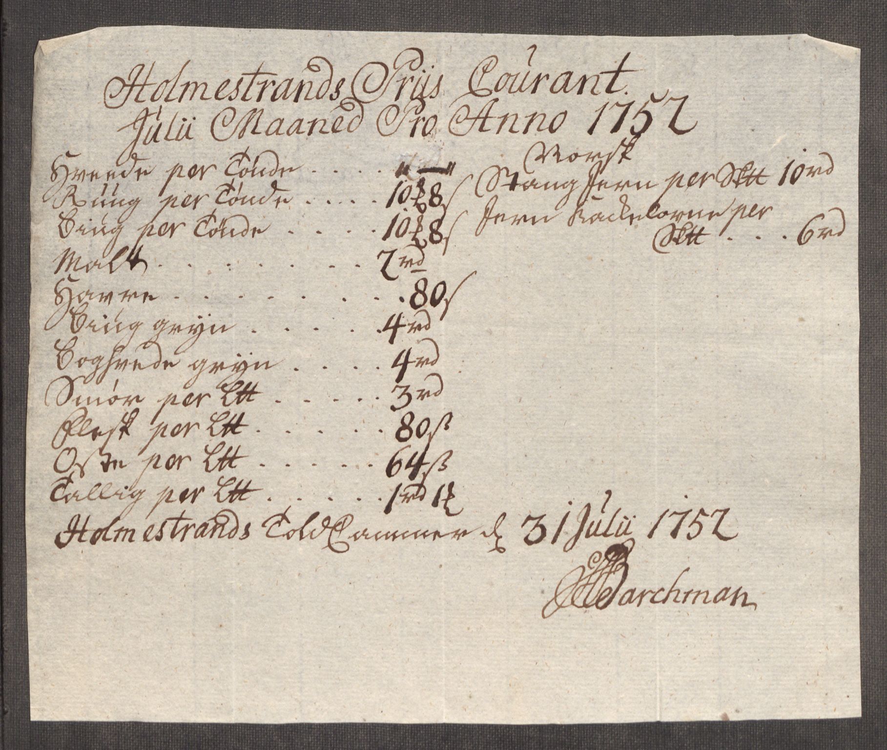 Rentekammeret inntil 1814, Realistisk ordnet avdeling, RA/EA-4070/Oe/L0004: [Ø1]: Priskuranter, 1749-1752, p. 877
