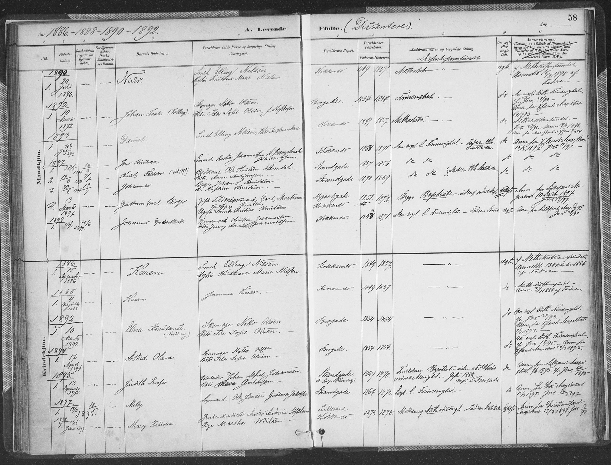 Vestre Moland sokneprestkontor, SAK/1111-0046/F/Fa/Faa/L0001: Parish register (official) no. A 1, 1884-1899, p. 58