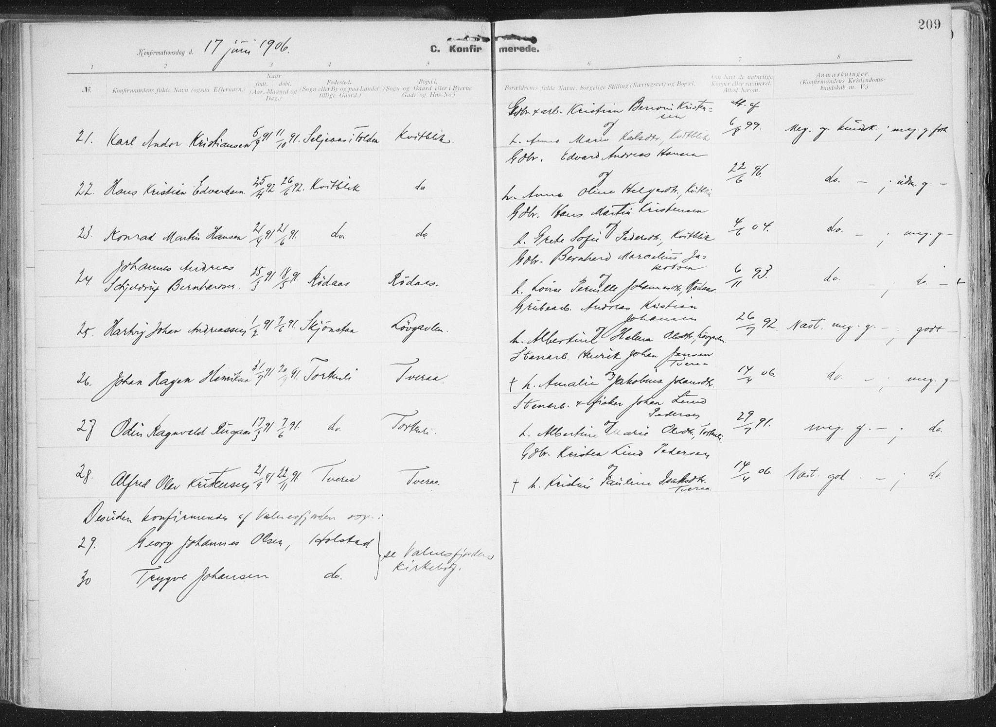 Ministerialprotokoller, klokkerbøker og fødselsregistre - Nordland, AV/SAT-A-1459/849/L0696: Parish register (official) no. 849A08, 1898-1910, p. 209